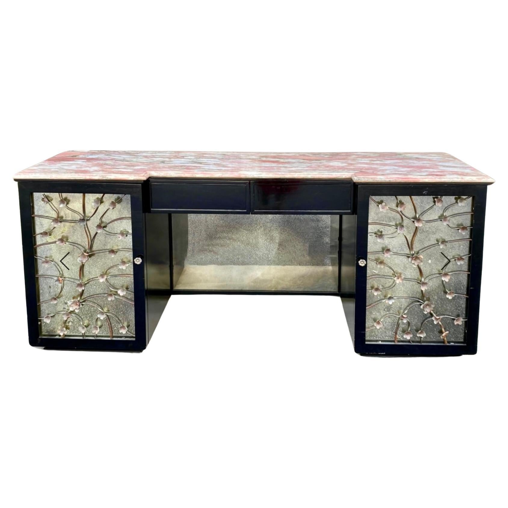 Hollywood Regency Floral Tole Mirrored Sideboard / Credenza W/ Pink Marble Top For Sale