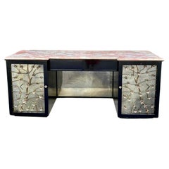 Retro Hollywood Regency Floral Tole Mirrored Sideboard / Credenza W/ Pink Marble Top