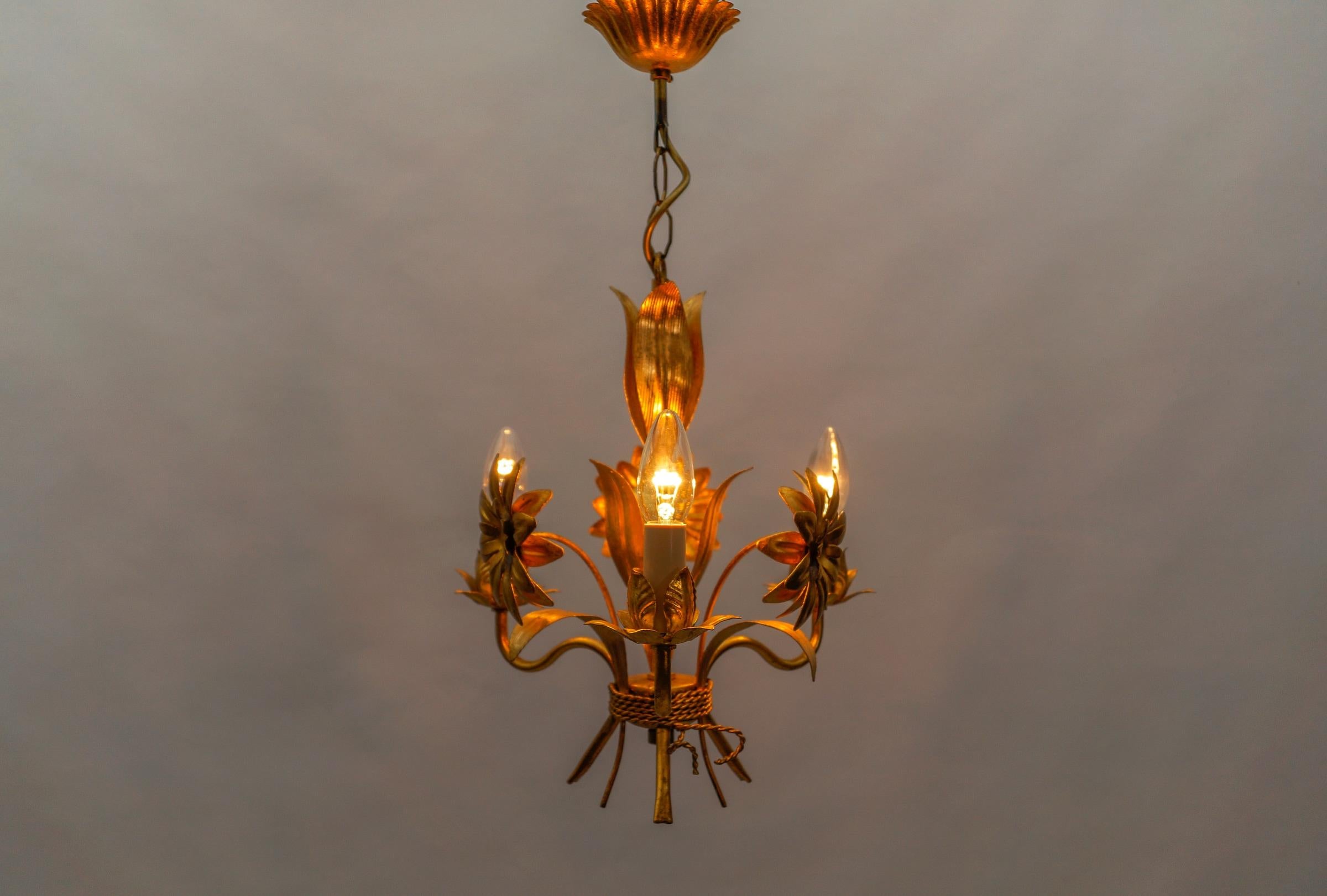 Gilt Hollywood Regency Flower Ceiling Lamp by Hans Kögl, Germany, 1970s For Sale