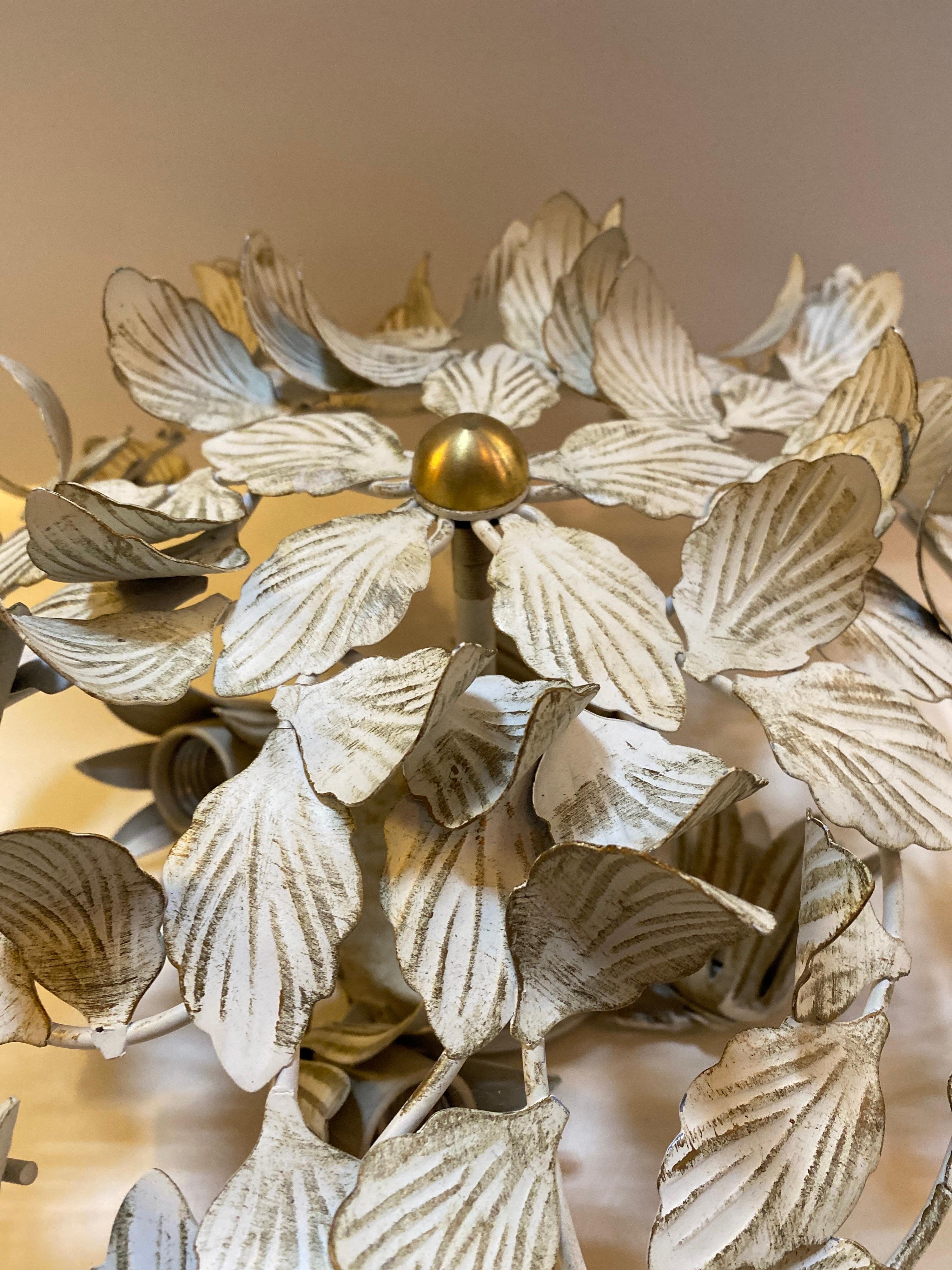 Hollywood Regency Flush Mount 4 Light White Tole Ivy Leaves Fixture In Good Condition In New York, NY