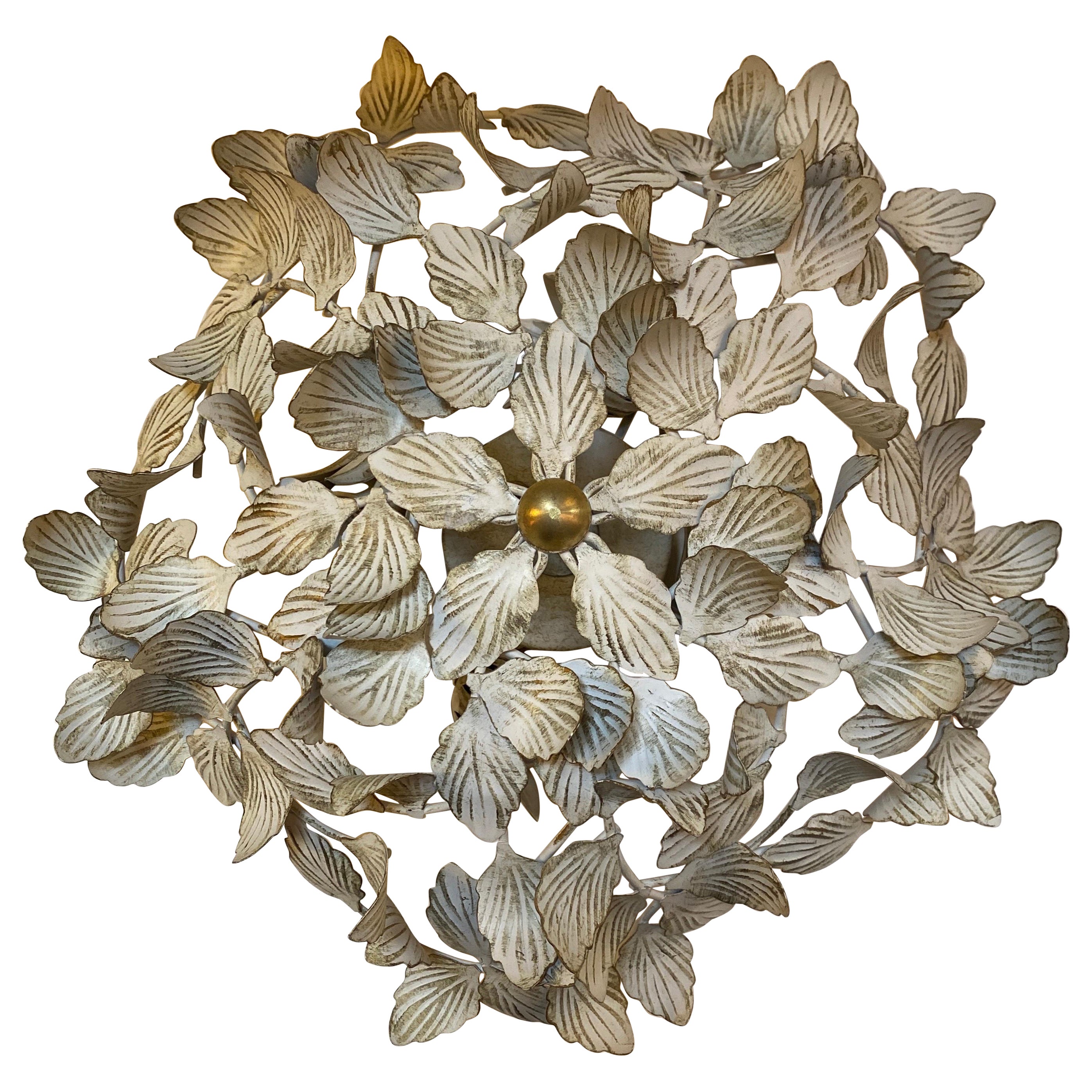 Hollywood Regency Flush Mount 4 Light White Tole Ivy Leaves Fixture