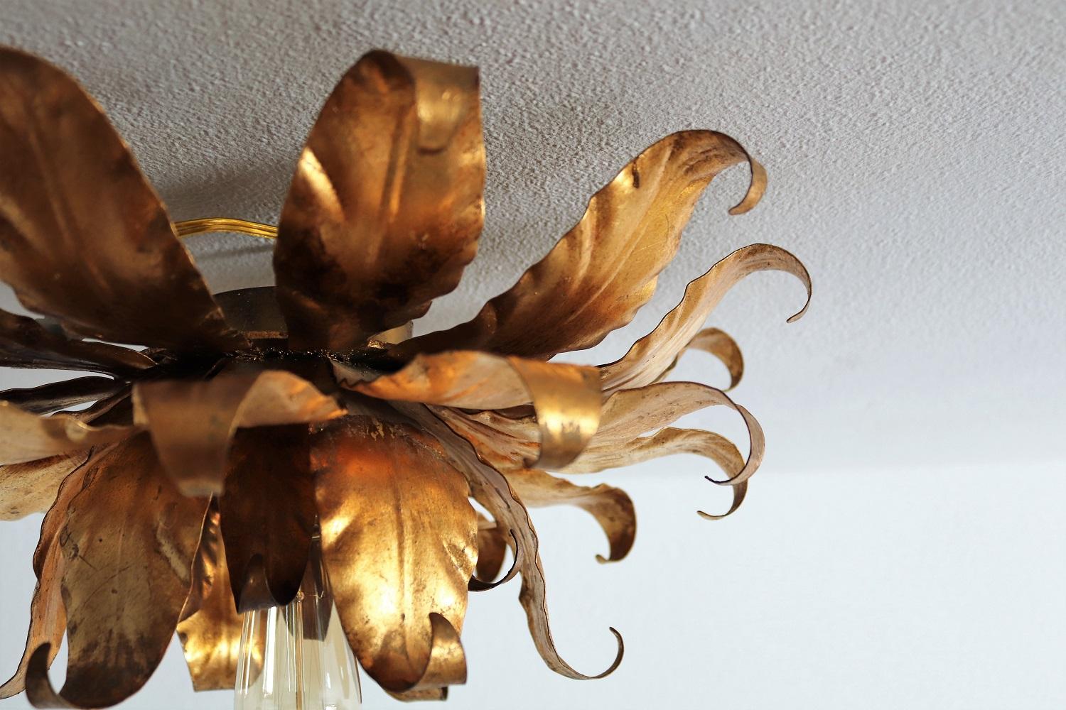 Hollywood Regency Flush Mount Ceiling Lamp with Gilt Leaves by Kögl, 1970s 7