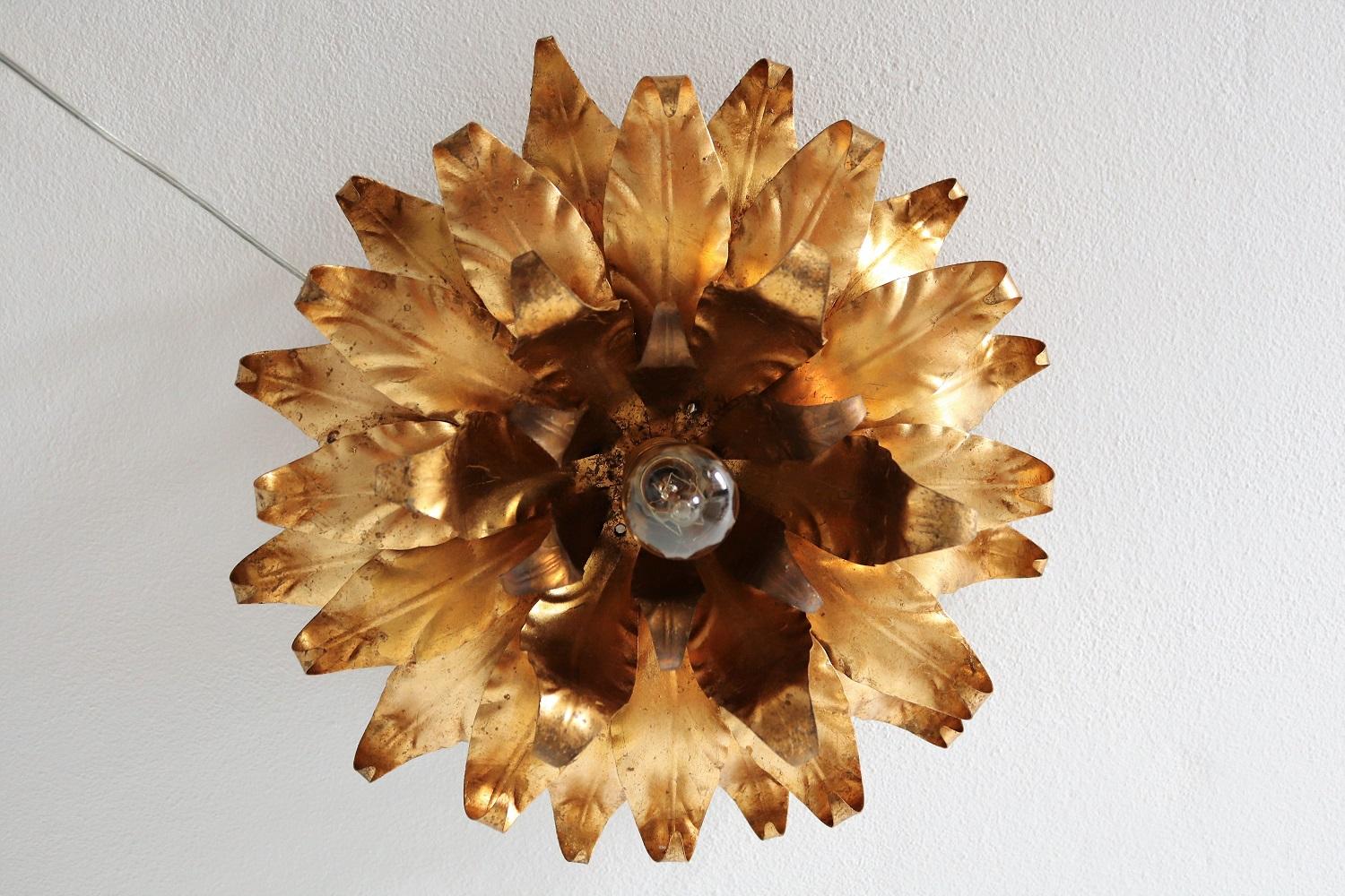 German Hollywood Regency Flush Mount Ceiling Lamp with Gilt Leaves by Kögl, 1970s