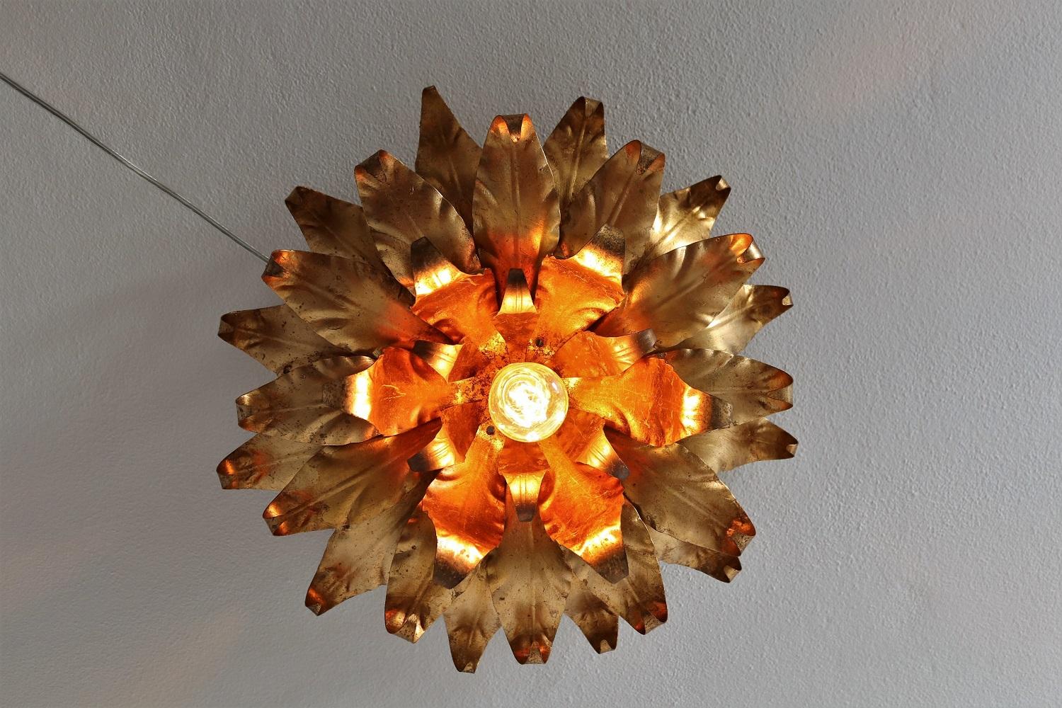 Hollywood Regency Flush Mount Ceiling Lamp with Gilt Leaves by Kögl, 1970s In Good Condition In Morazzone, Varese