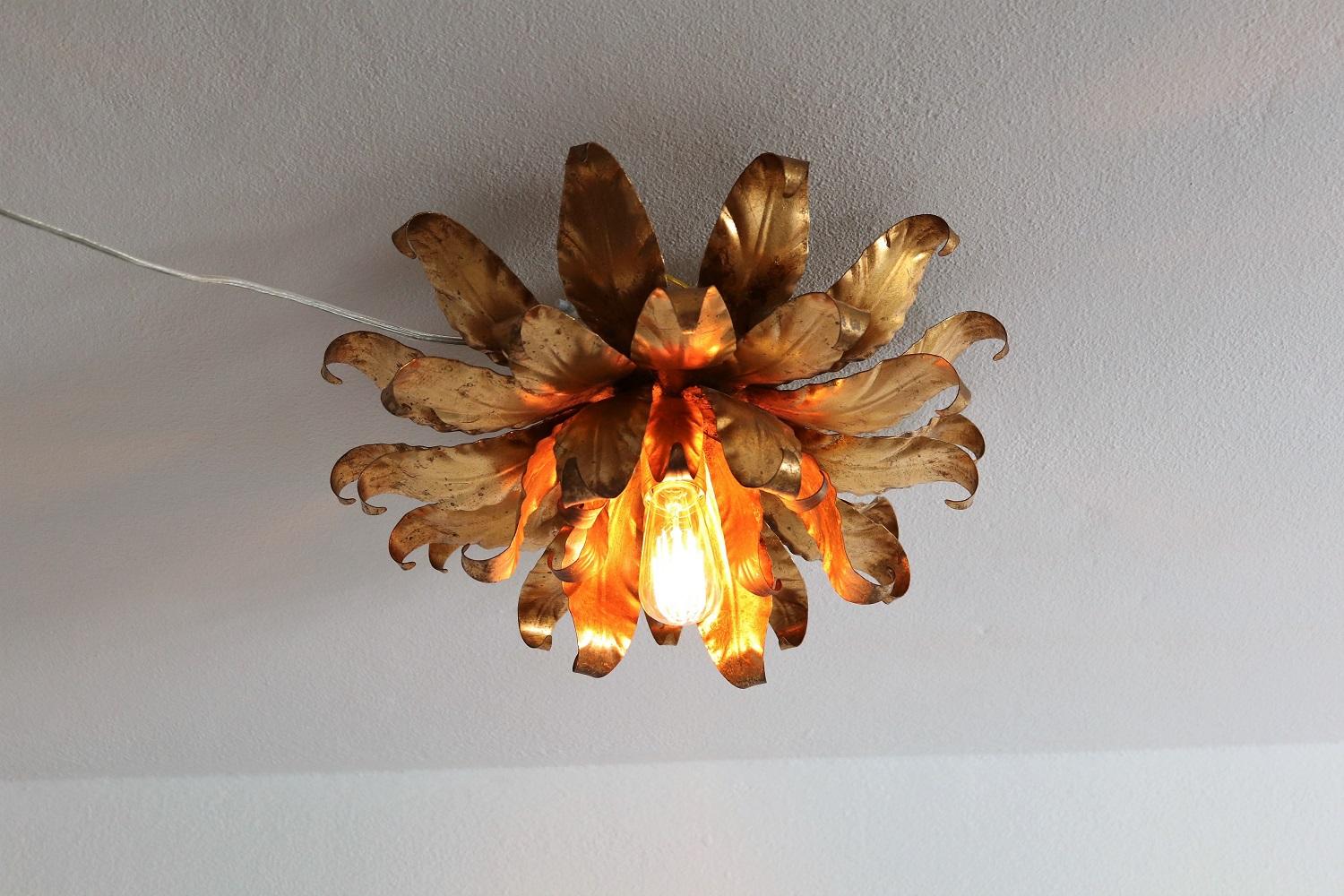 Late 20th Century Hollywood Regency Flush Mount Ceiling Lamp with Gilt Leaves by Kögl, 1970s