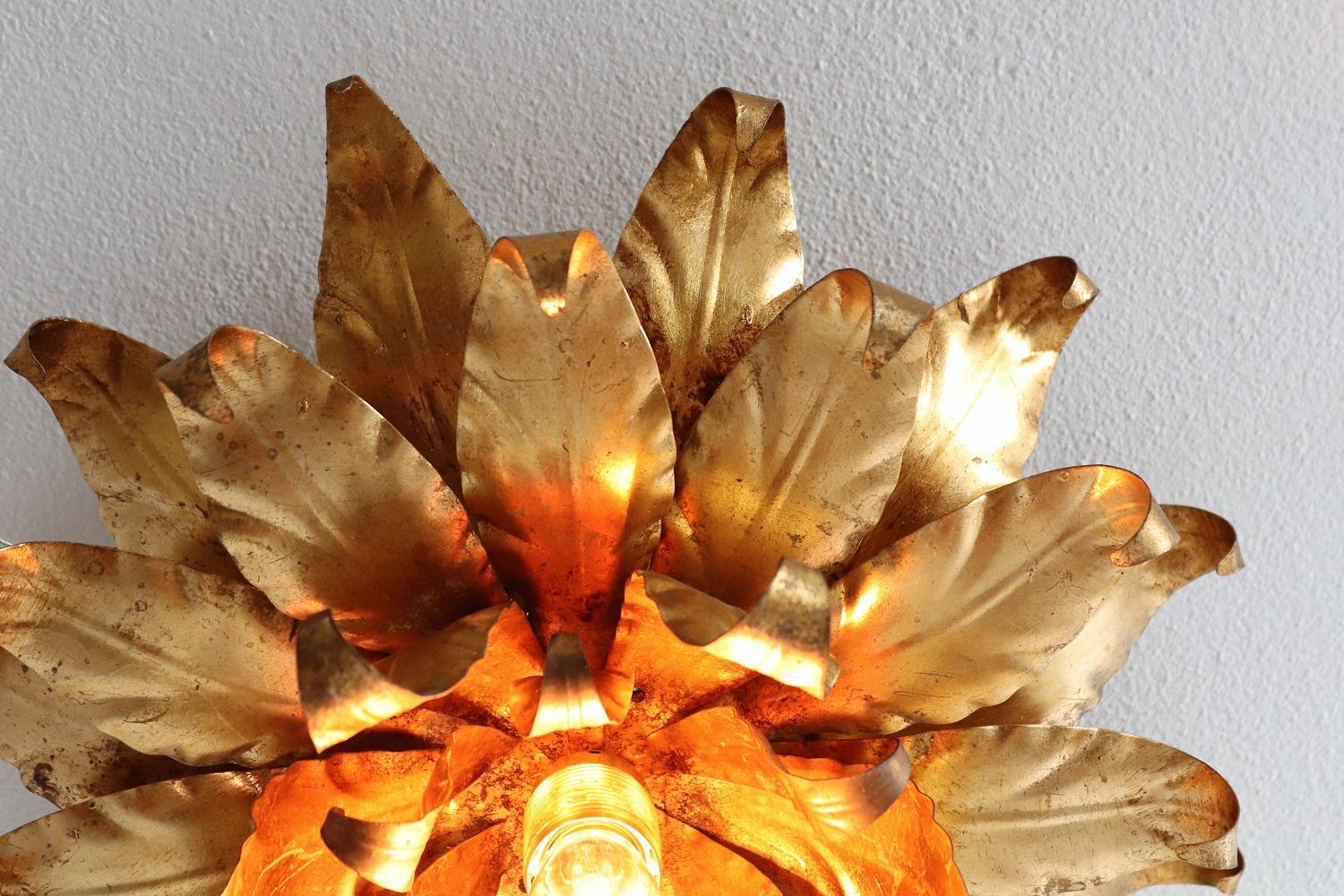 Metal Hollywood Regency Flush Mount Ceiling Lamp with Gilt Leaves by Kögl, 1970s