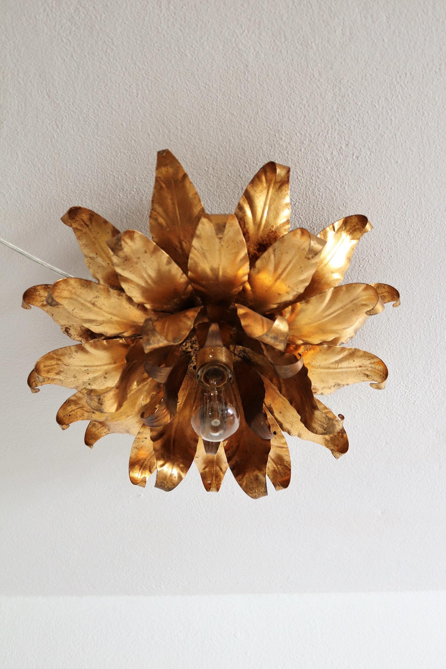 Hollywood Regency Flush Mount Ceiling Lamp with Gilt Leaves by Kögl, 1970s 1