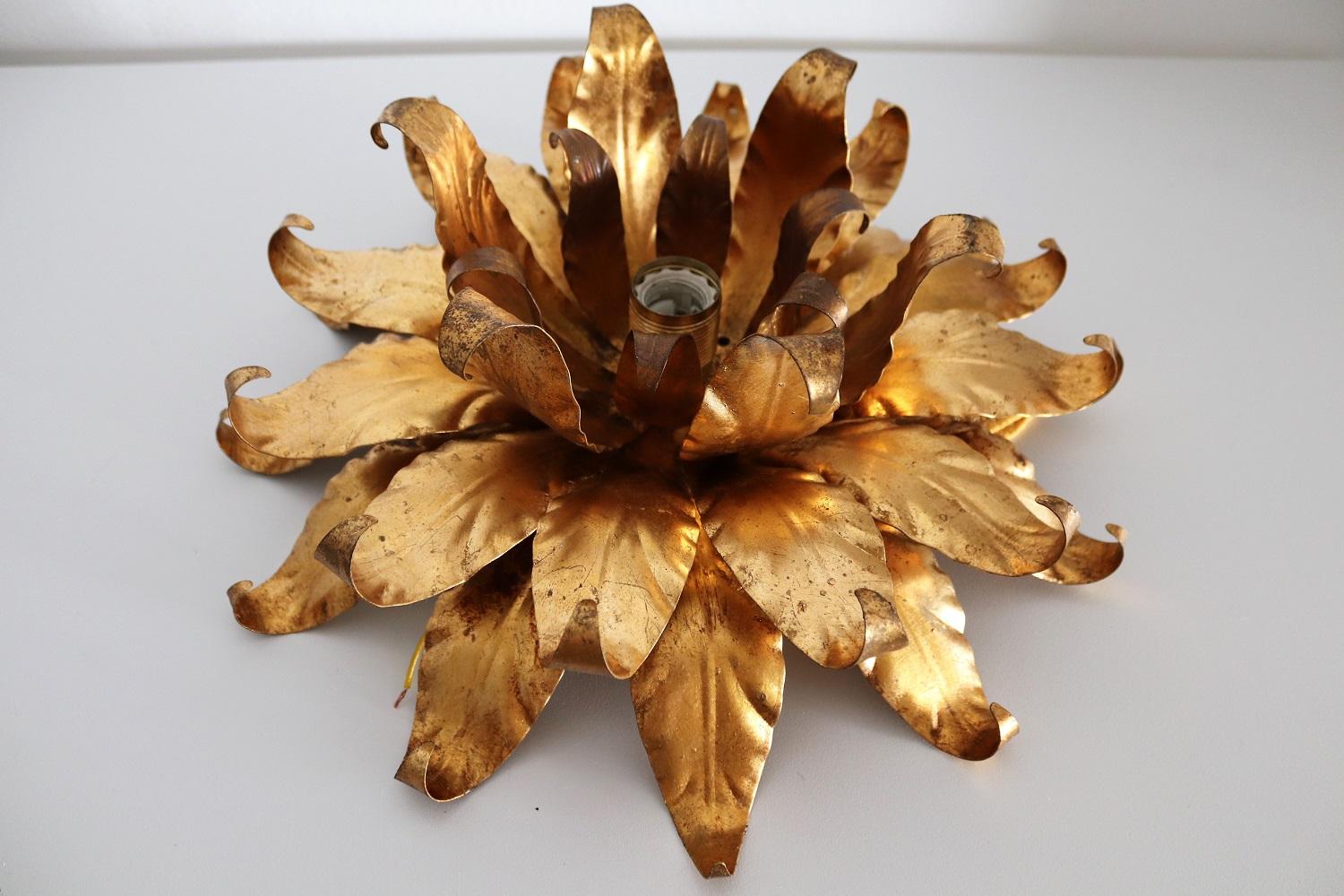 Hollywood Regency Flush Mount Ceiling Lamp with Gilt Leaves by Kögl, 1970s 3