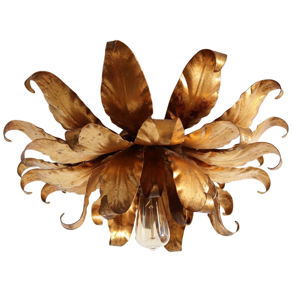 Hollywood Regency Flush Mount Ceiling Lamp with Gilt Leaves by Kögl, 1970s