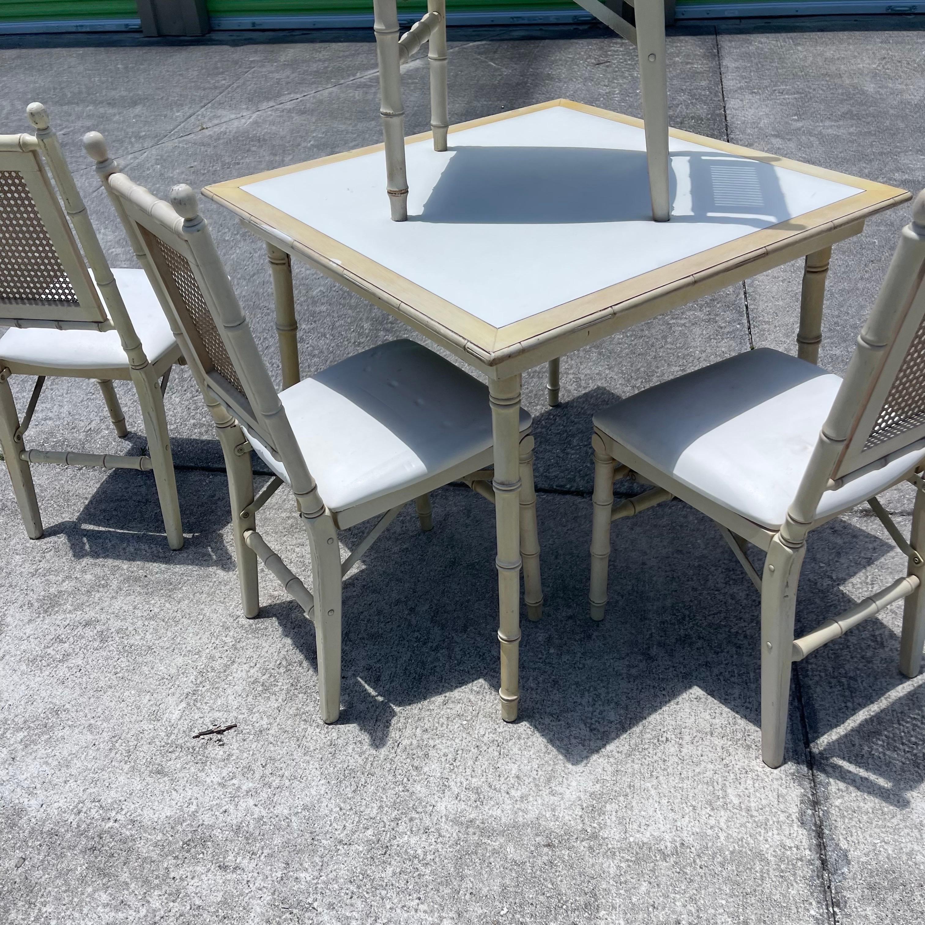 Hollywood Regency Folding Faux Bamboo Card Game Table & 4 Chairs For Sale 4