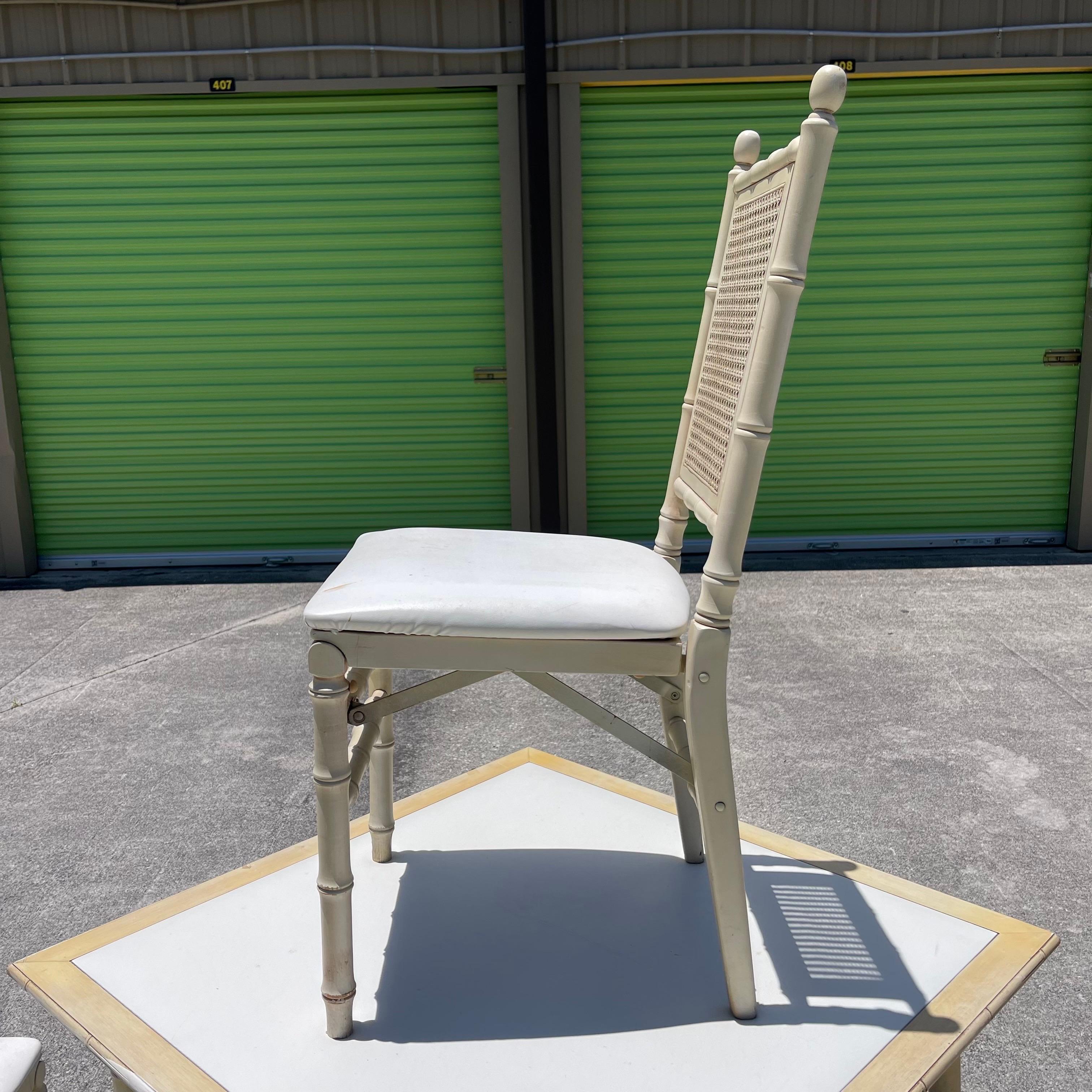 Charming set it 4 folding chairs with matching folding table.

Table:
34.5” x 34.5” top
29” high

Table folded:
34.5”D x 34.5”W x 2.75”H

Chairs:
16”w
19”d
37”h
Seat Height 18.5”

Chair Folded: 37”H x 8”D x 16”W