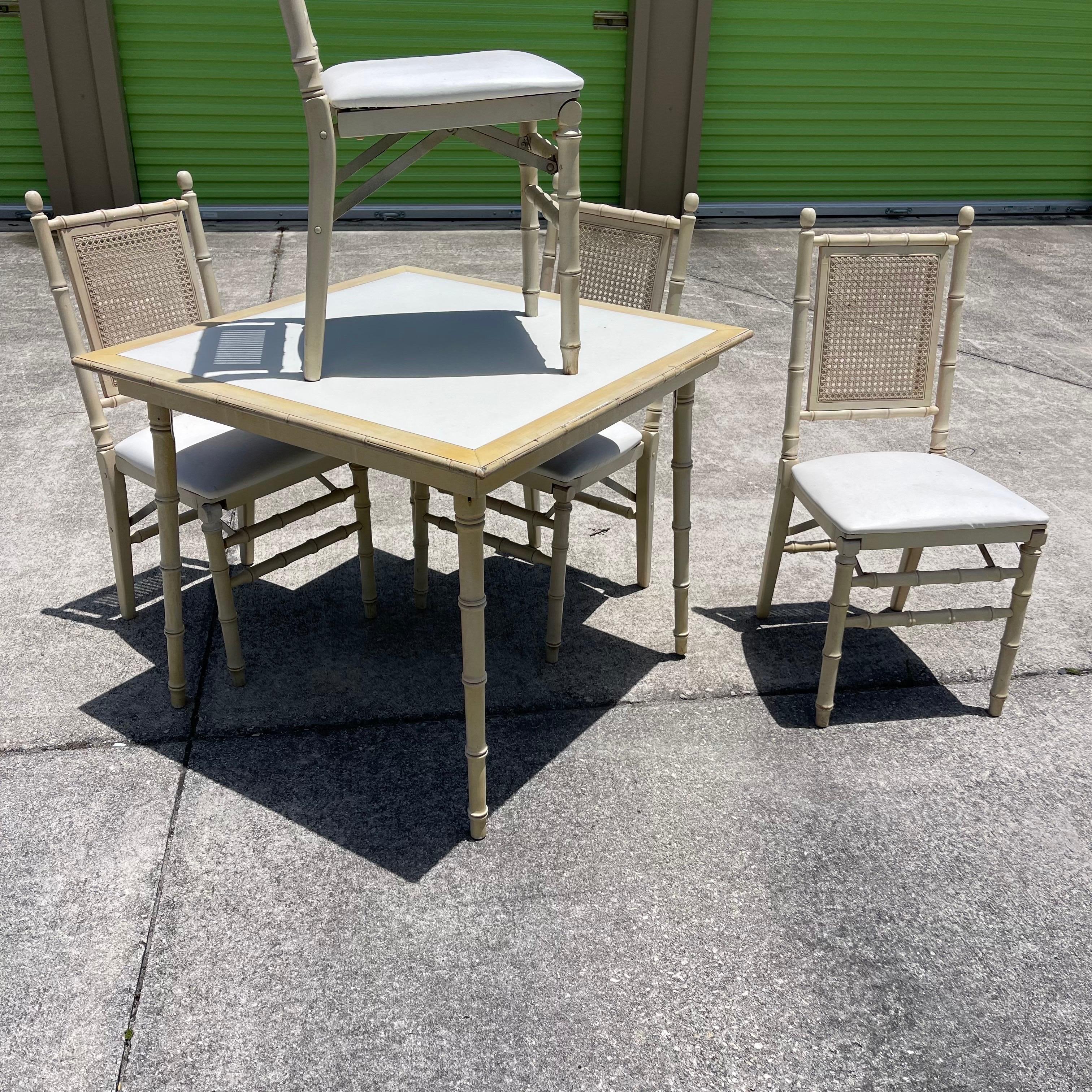 Hollywood Regency Folding Faux Bamboo Card Game Table & 4 Chairs For Sale 2