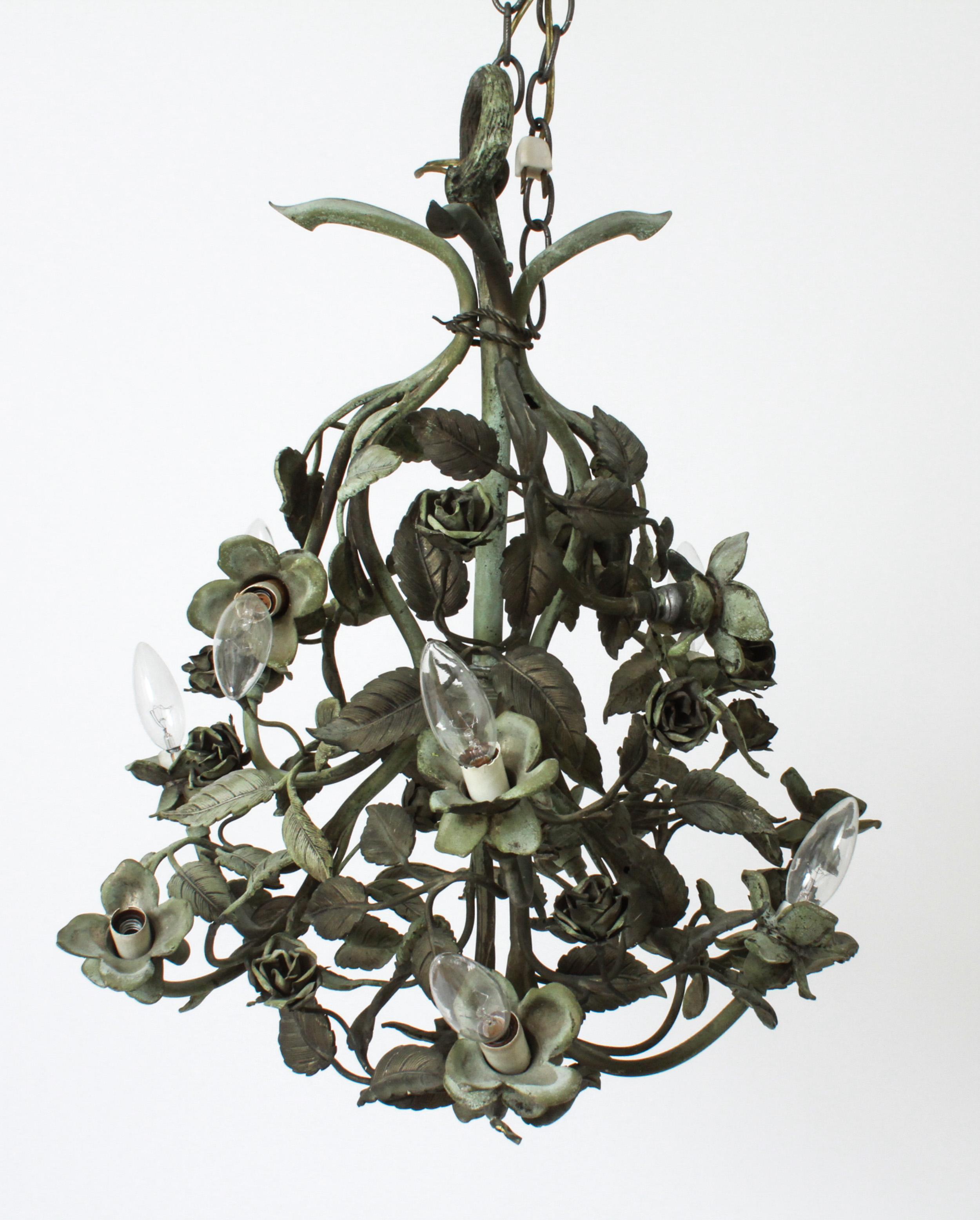 20th Century Hollywood Regency Foliate Chandelier in Patinated Bronze