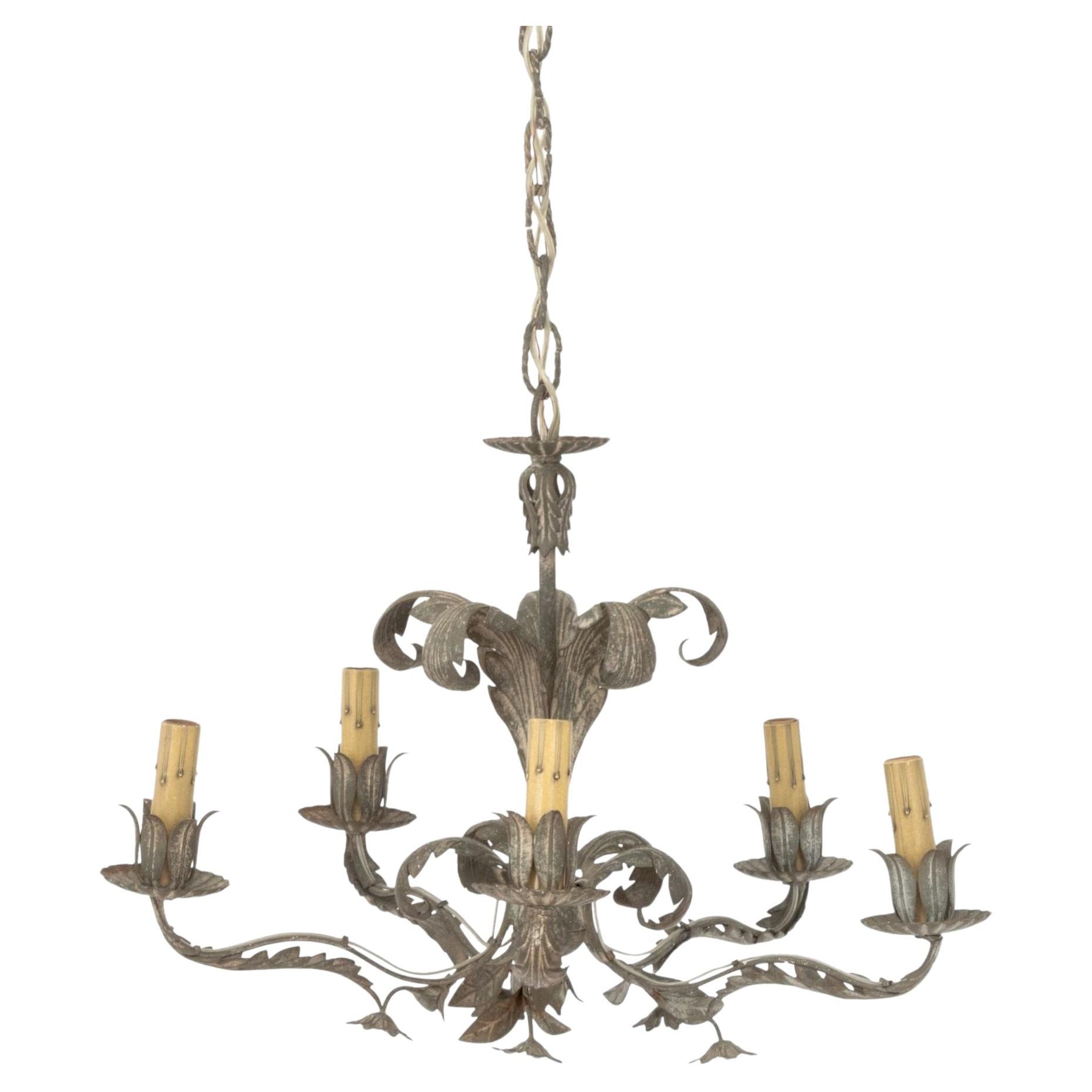 Hollywood Regency Five-Branch Foliate Form Tole Chandelier For Sale