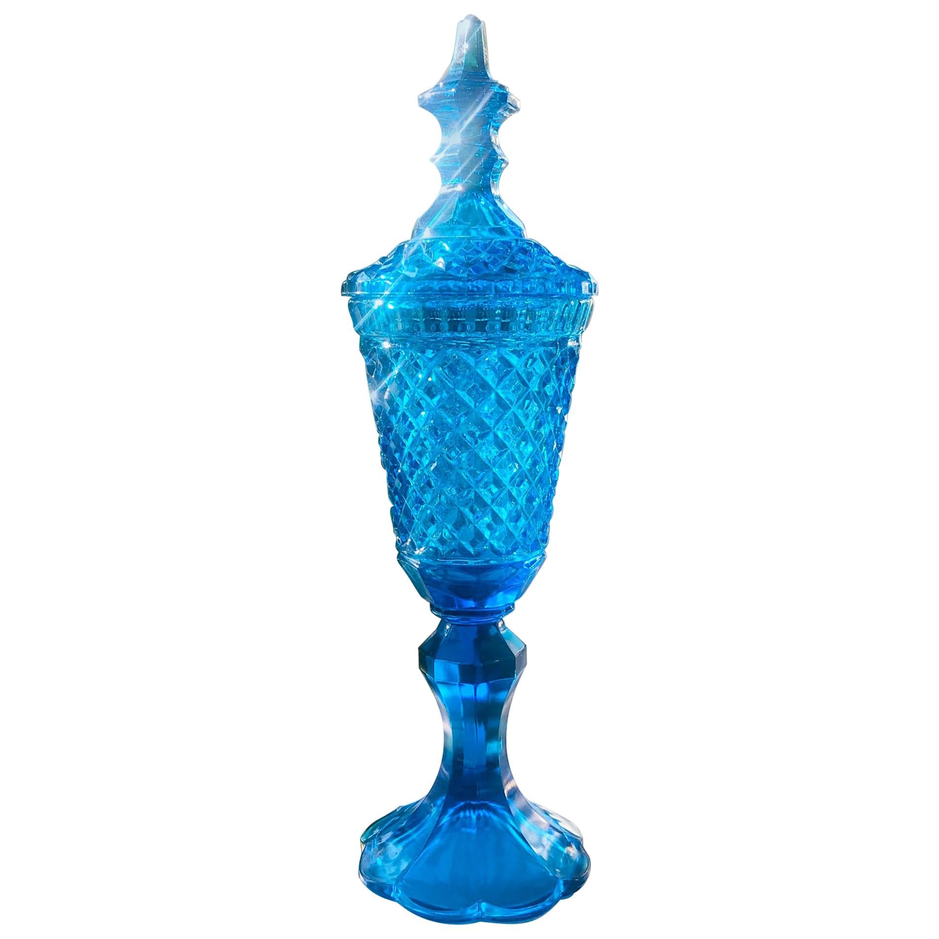 Hollywood Regency Footed Glass Urn with Lid in Vibrant Aqua, 1940s