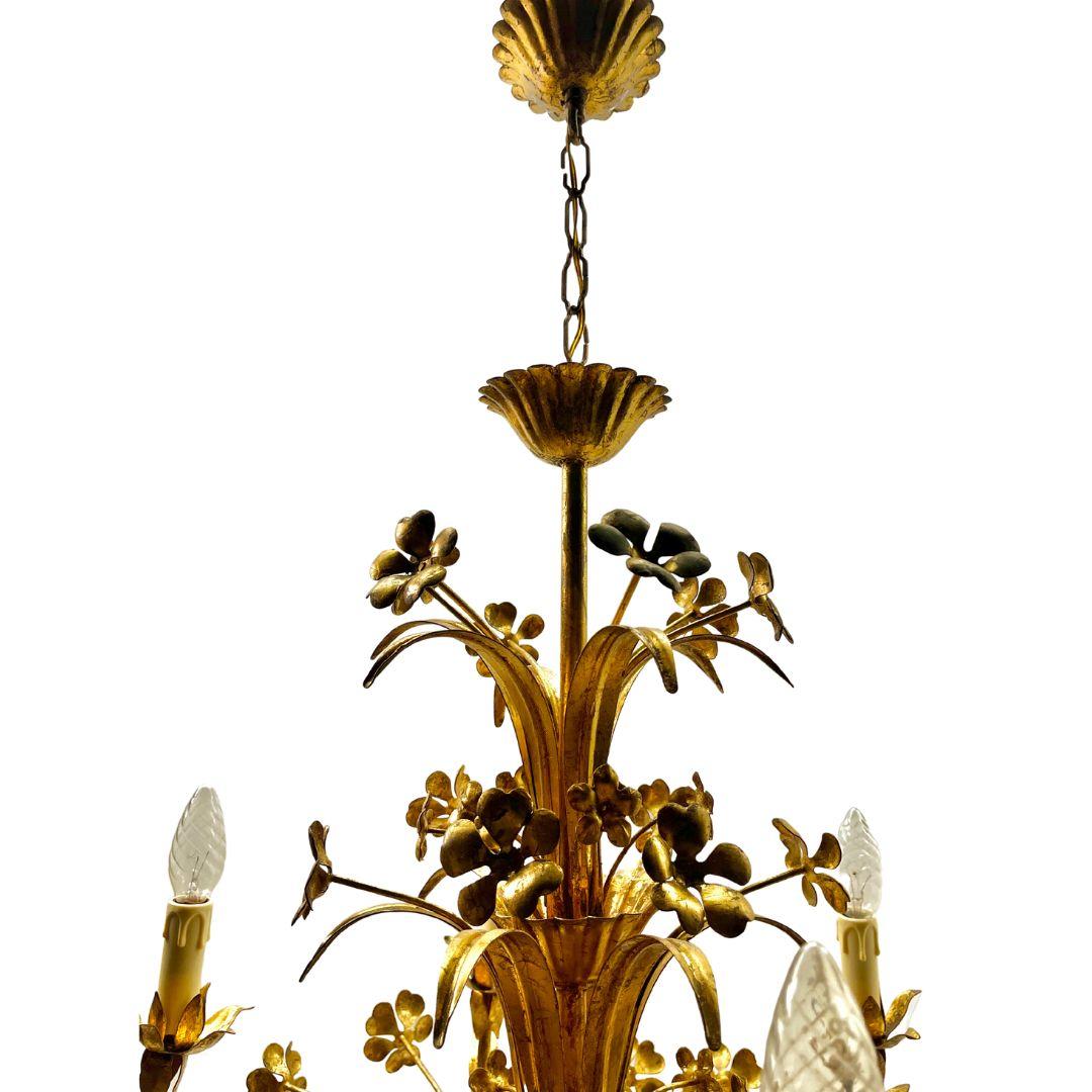 Hand-Crafted Hollywood Regency Forget Metal Floral Decor 6 Arms Chandelier 1930s For Sale
