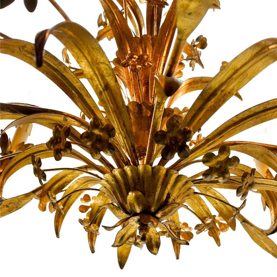 Mid-20th Century Hollywood Regency Forget Metal Floral Decor 6 Arms Chandelier 1930s For Sale