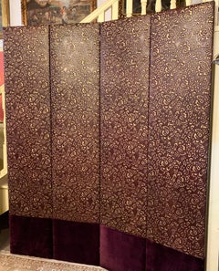 Hollywood Regency Four-Panel Leather and Velour Room Divider or Screen