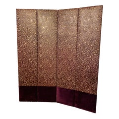 Hollywood Regency Four-Panel Leather and Velour Room Divider or Screen