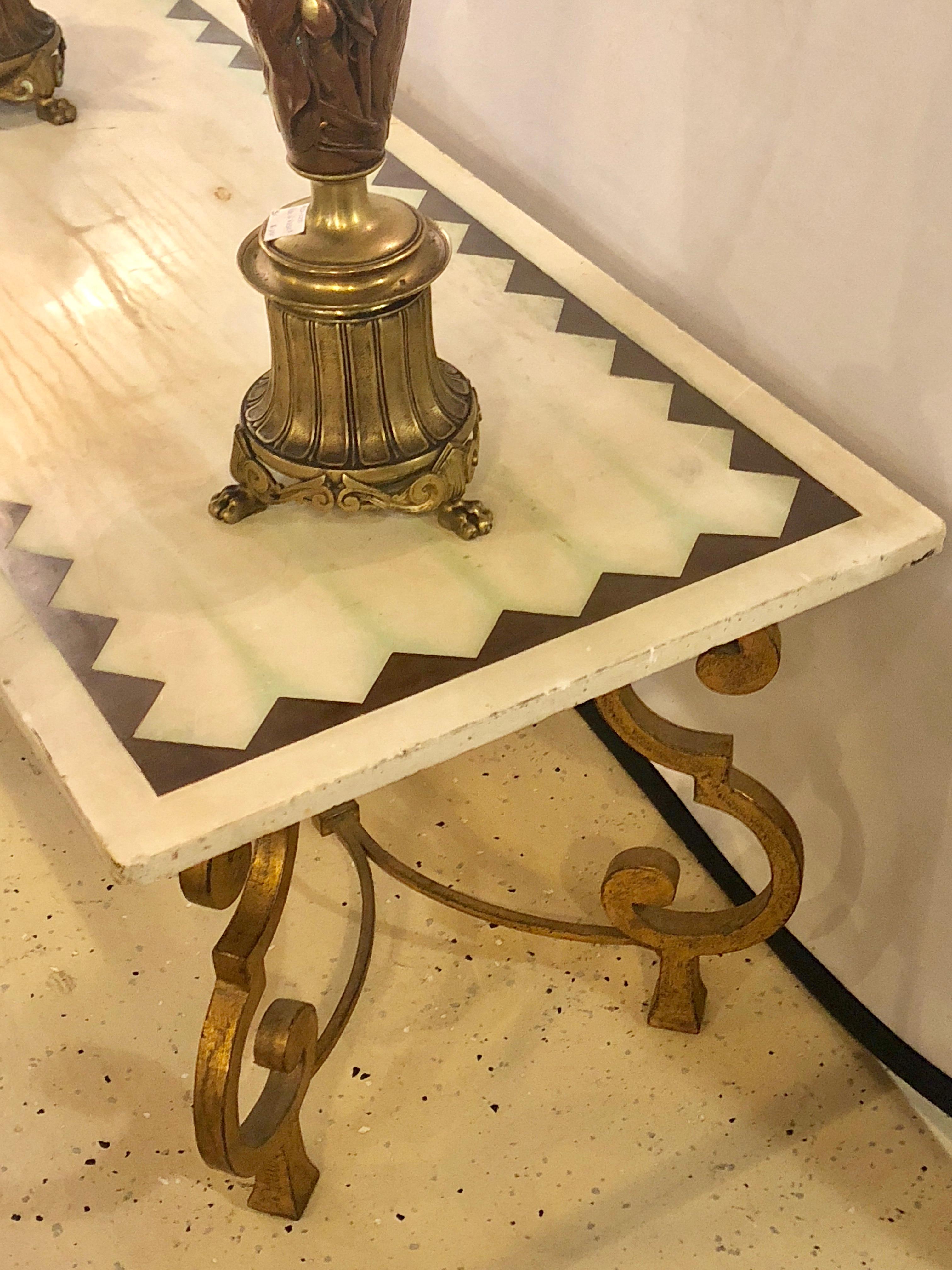 Hollywood Regency French Brass Base Coffee Cocktail Table Inlaid Marble Top 6