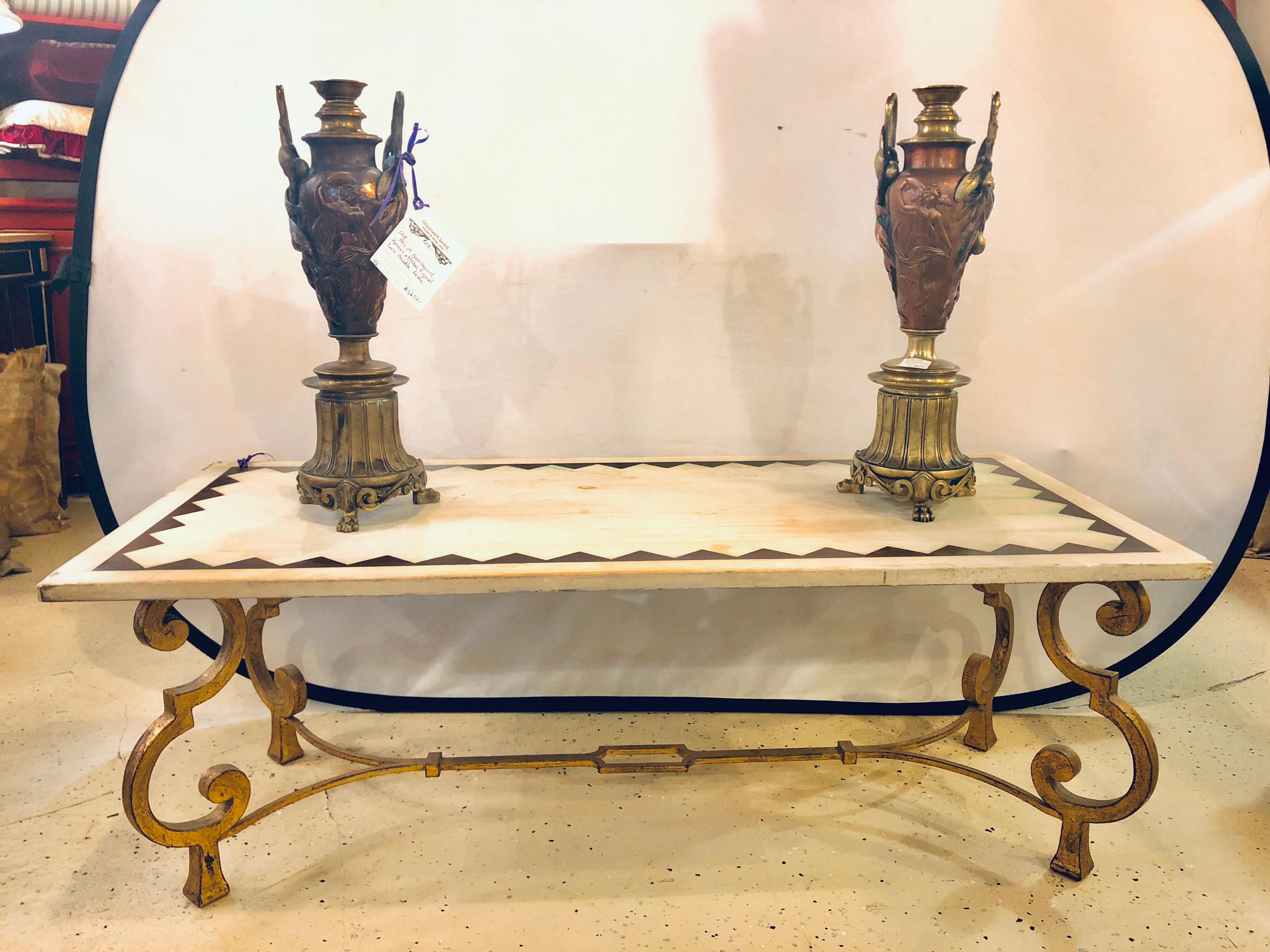 Hollywood Regency French Brass Base Coffee Cocktail Table Inlaid Marble Top 3