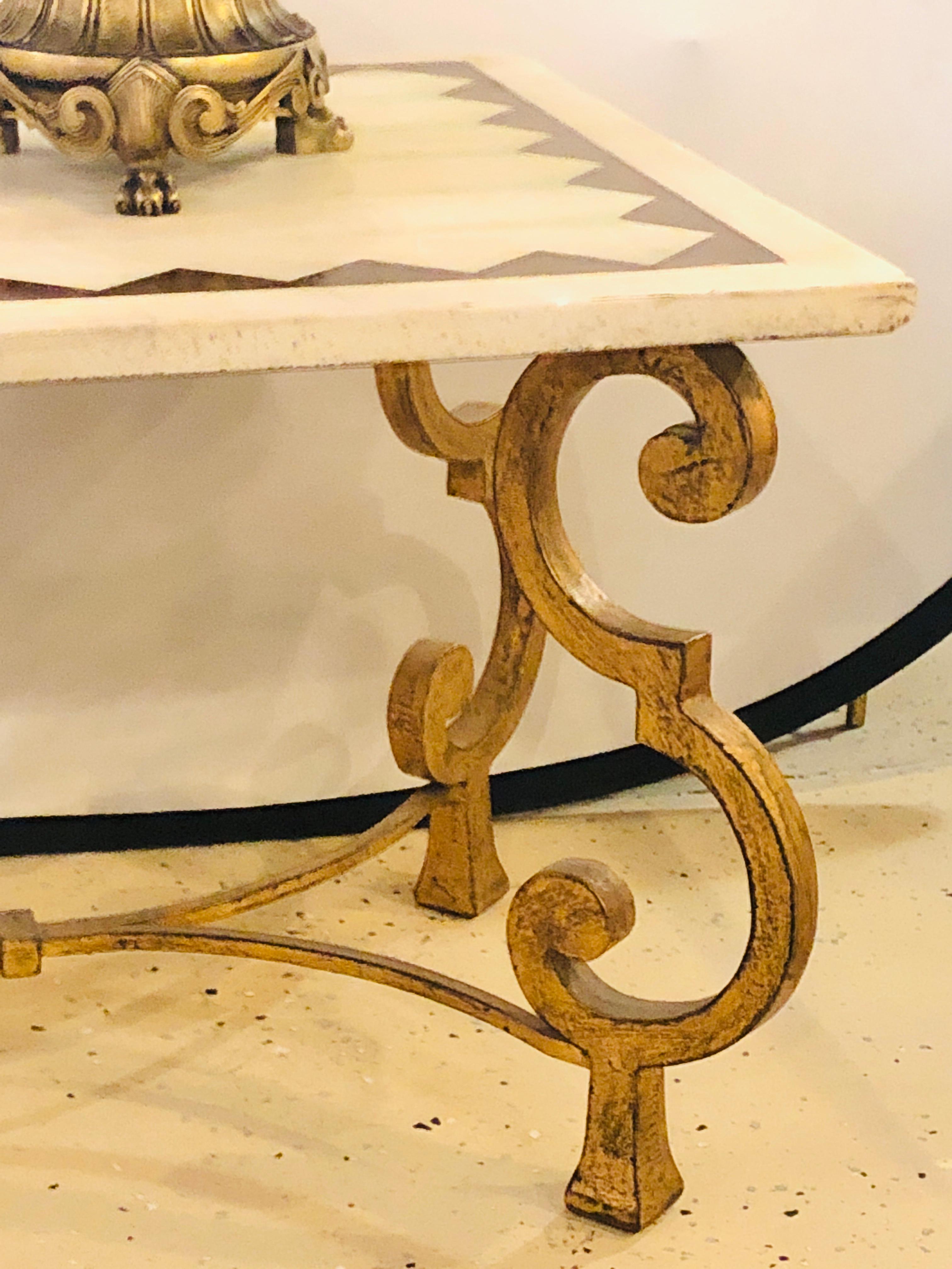 Hollywood Regency French Brass Base Coffee Cocktail Table Inlaid Marble Top 4
