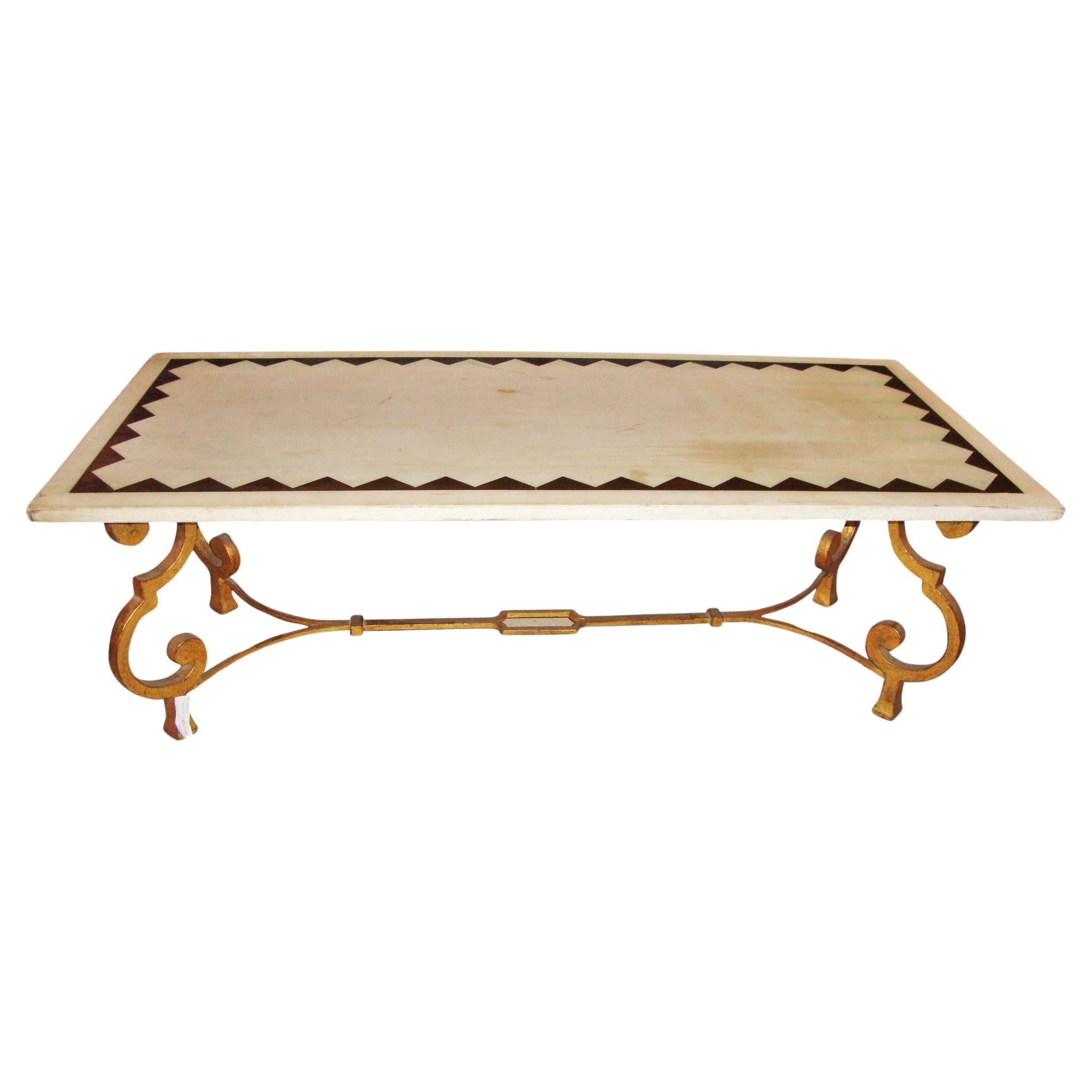 Hollywood Regency Français Base en laiton Table Cocktail Tables Marbre Incrusté