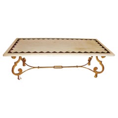 Hollywood Regency French Brass Base Coffee Cocktail Table Inlaid Marble Top