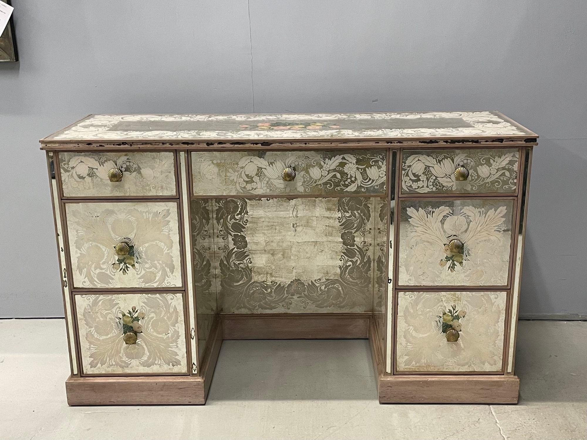 Hollywood Regency French Eglomise Mirrored Desk, Vanity or Writing Table In Good Condition In Stamford, CT