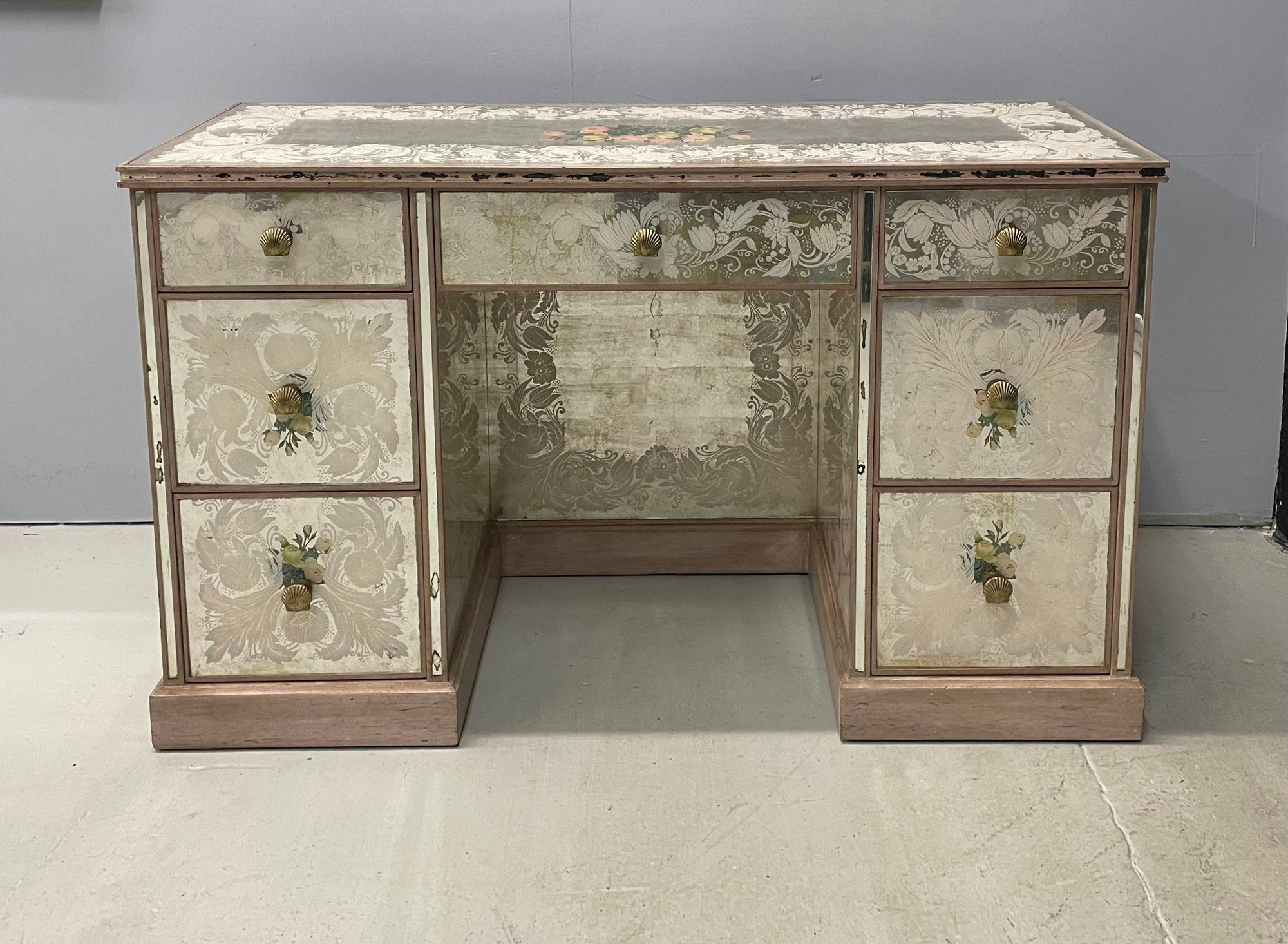 Mid-20th Century Hollywood Regency French Eglomise Mirrored Desk, Vanity or Writing Table