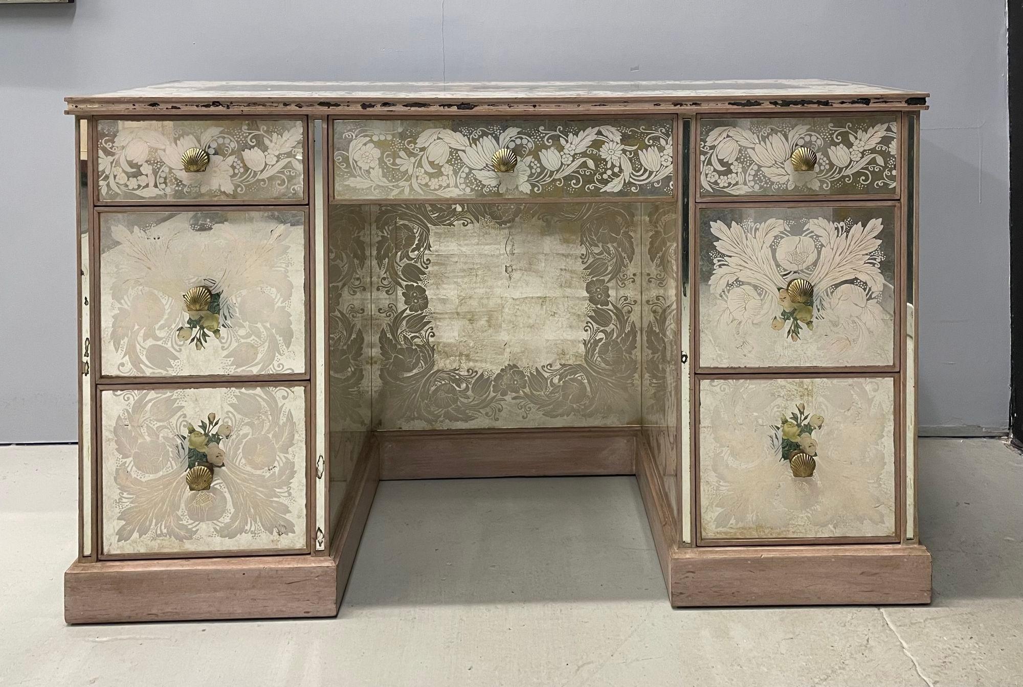 Hollywood Regency French Eglomise Mirrored Desk, Vanity or Writing Table 1