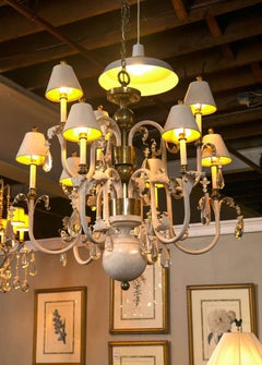 Hollywood Regency French Eight-Arm Gesso, Brass and Wood Chandelier