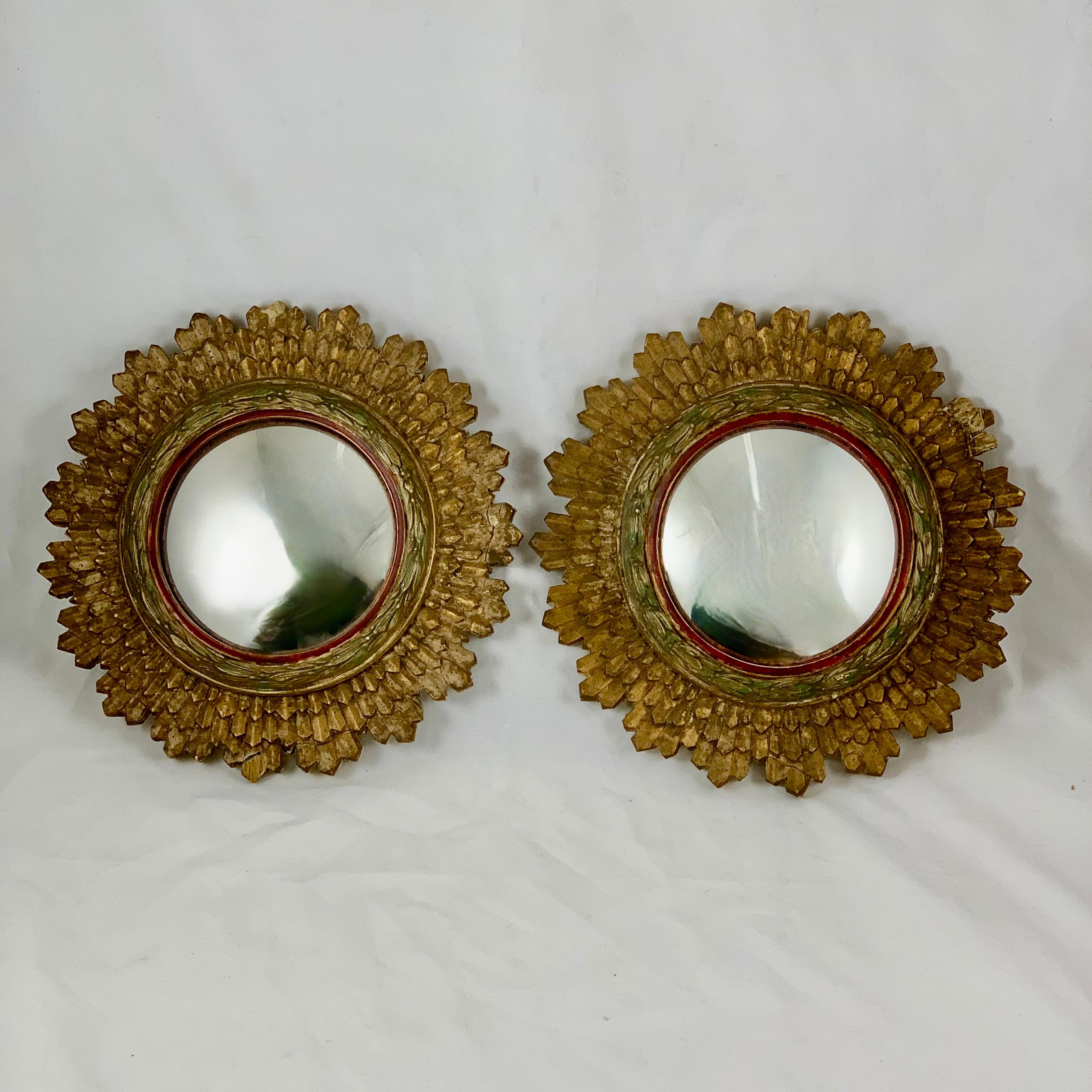 Hand-Painted Hollywood Regency French Giltwood and Gesso Sunburst Convex Wall Mirrors, a pair