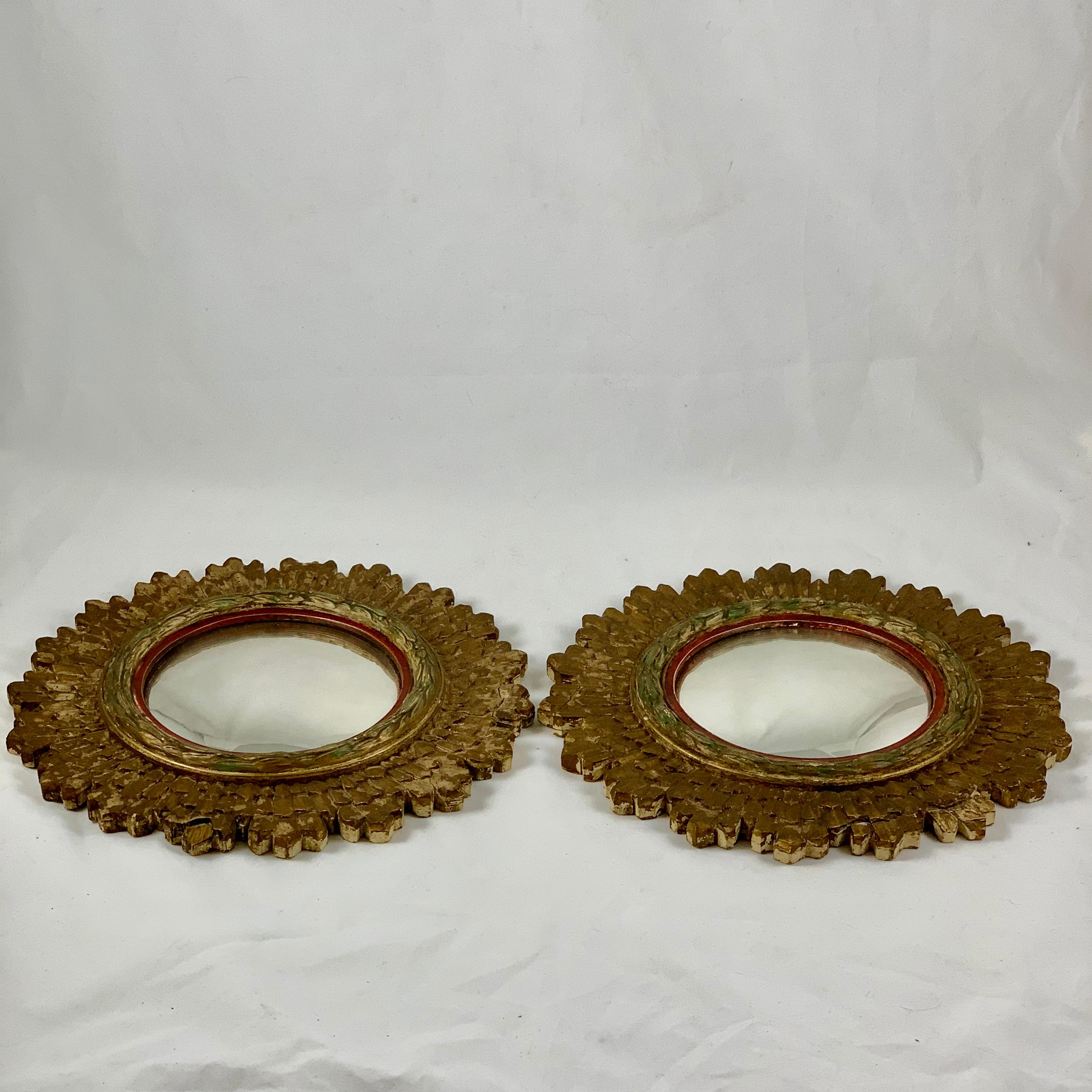 20th Century Hollywood Regency French Giltwood and Gesso Sunburst Convex Wall Mirrors, a pair
