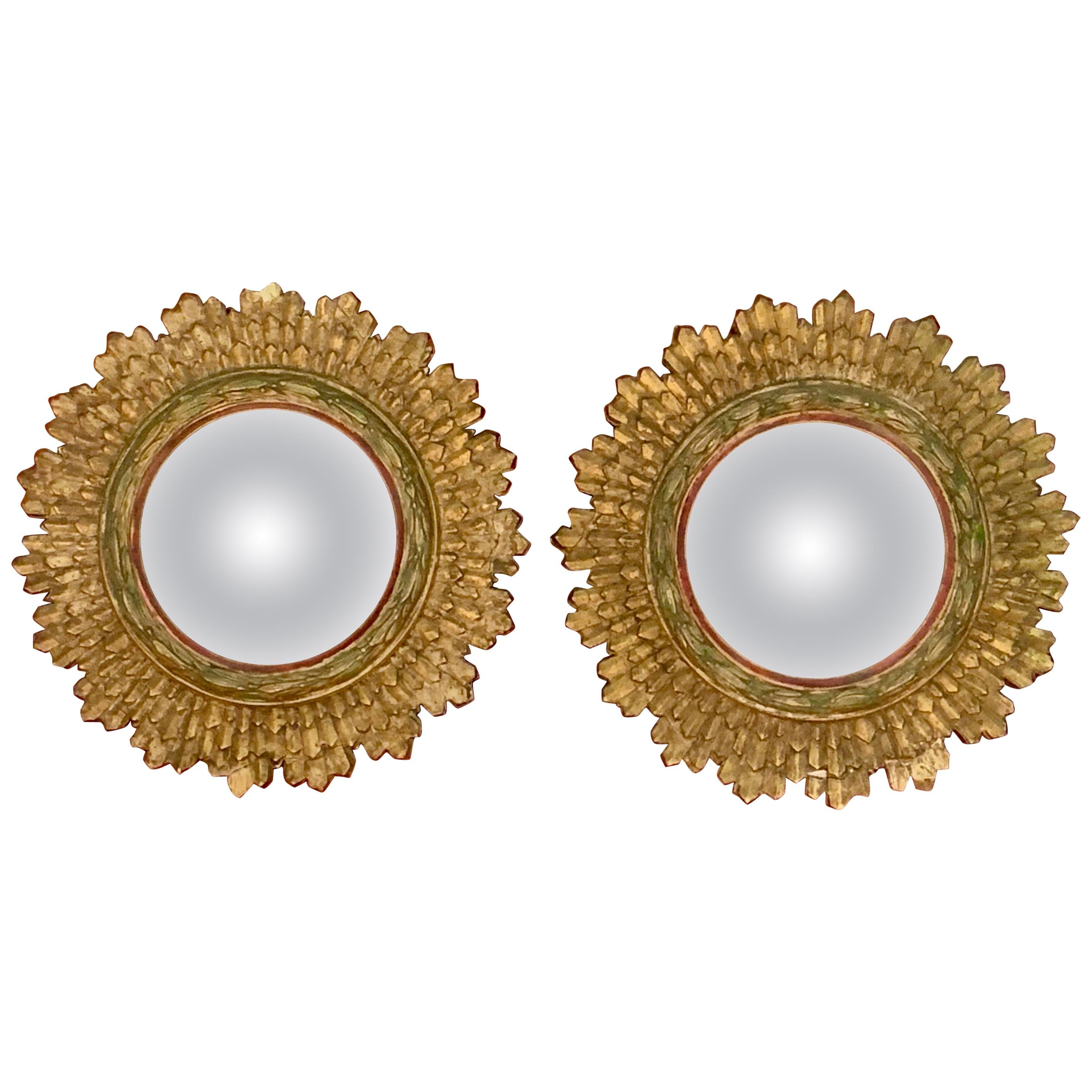 Hollywood Regency French Giltwood and Gesso Sunburst Convex Wall Mirrors, a pair