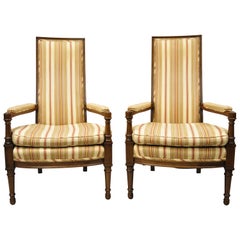 Hollywood Regency French High Back Upholstered Fireside Armchairs, a Pair