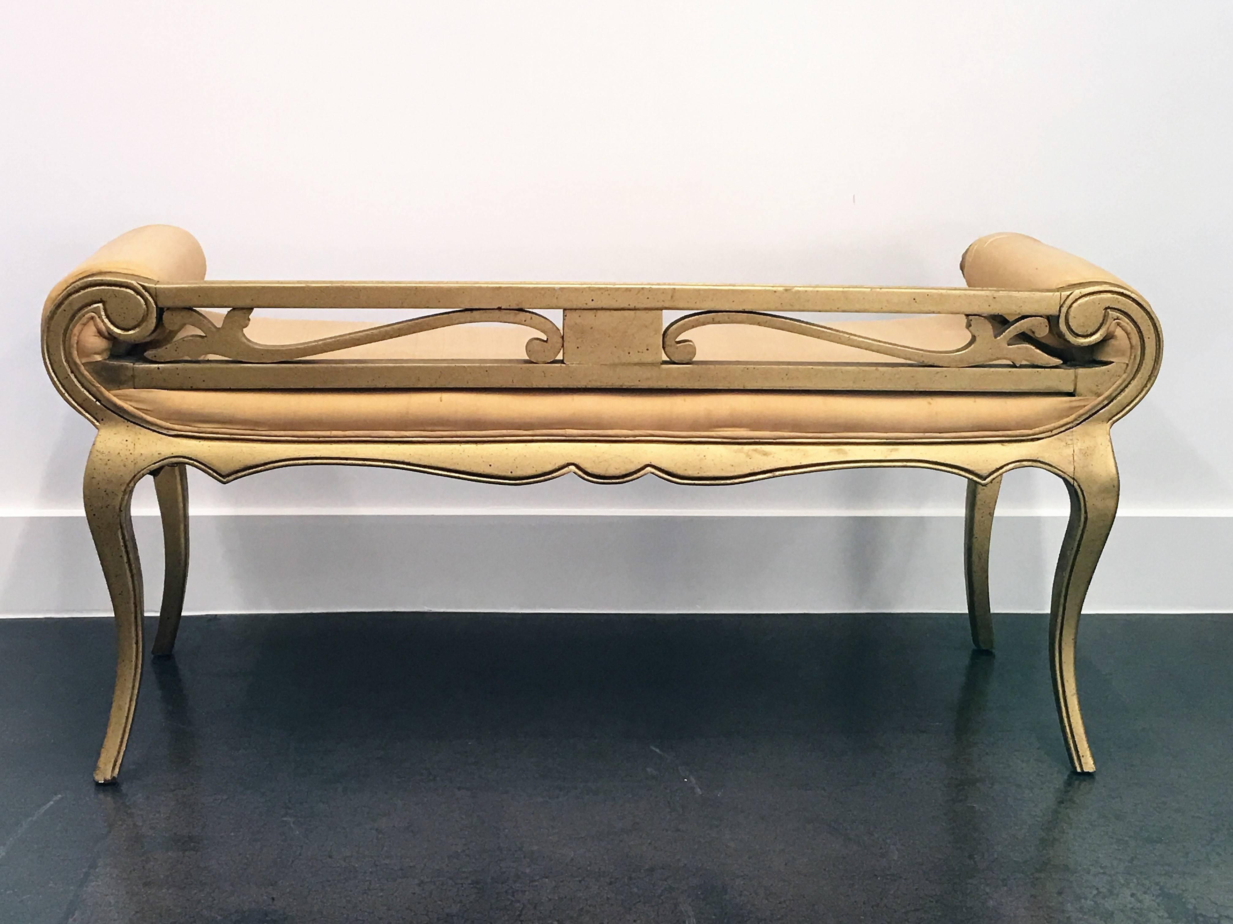 Silk Hollywood Regency French Louis XV Style Carved Window Bench