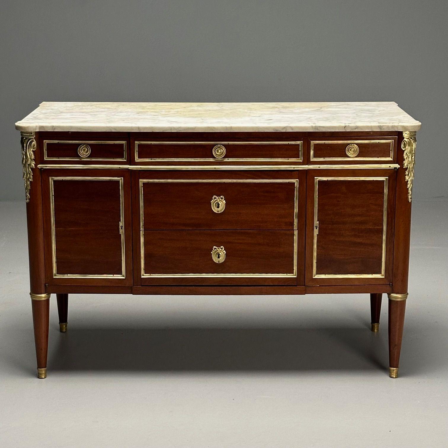 20th Century Hollywood Regency, French Louis XVI Style Commode, Mahogany, Oak, Marble, 1920s For Sale