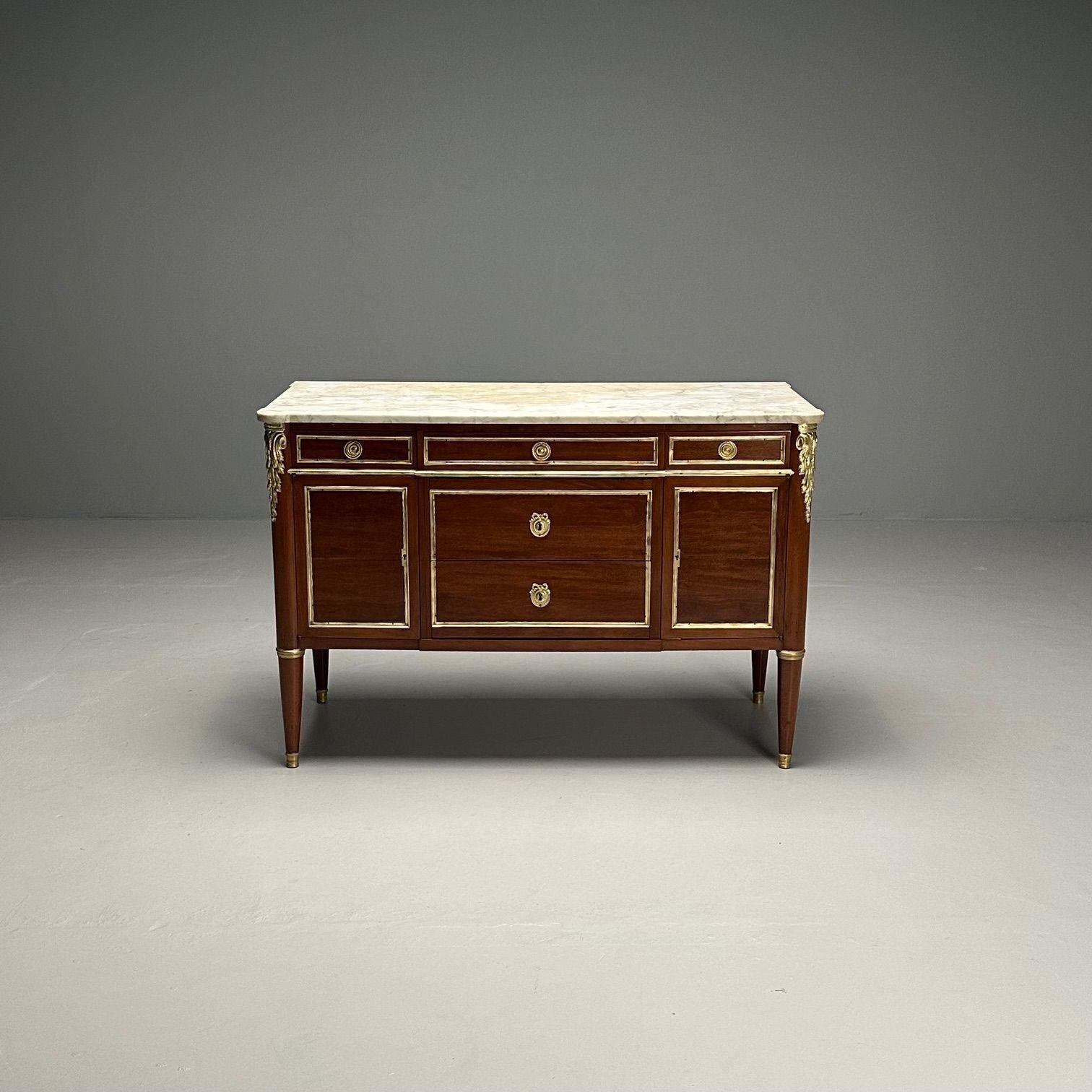 Bronze Hollywood Regency, French Louis XVI Style Commode, Mahogany, Oak, Marble, 1920s For Sale