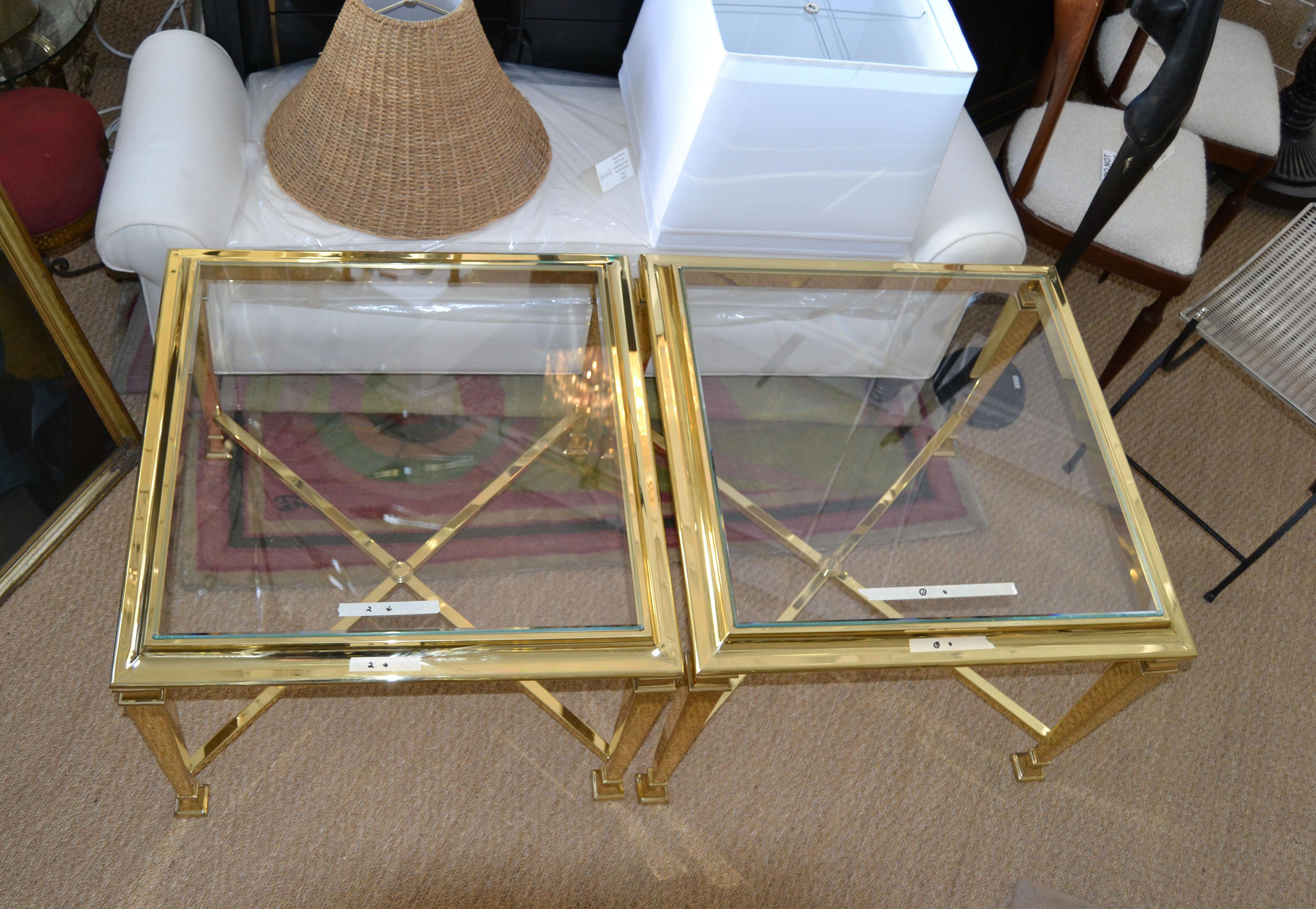 Pair Hollywood Regency French Maison Jansen Polished Brass Tables Glass Tops In Good Condition In Miami, FL