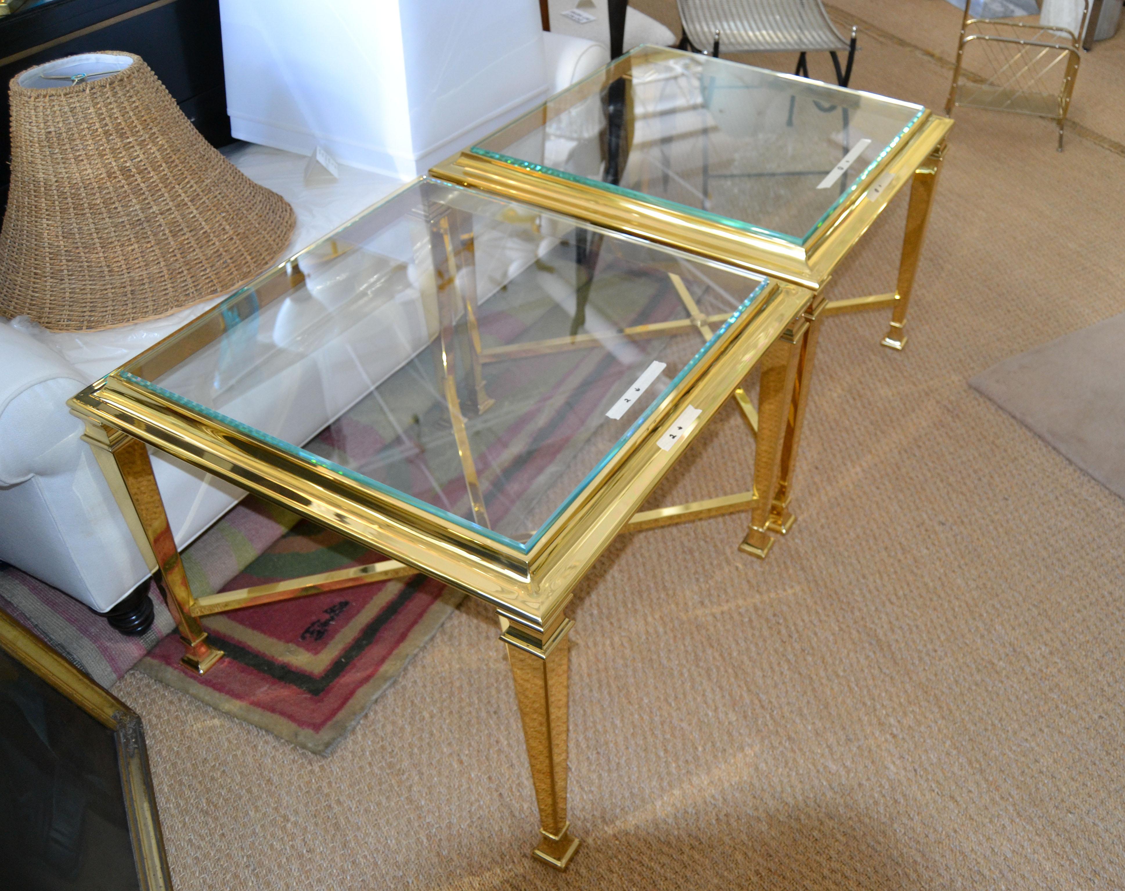 Late 20th Century Pair Hollywood Regency French Maison Jansen Polished Brass Tables Glass Tops