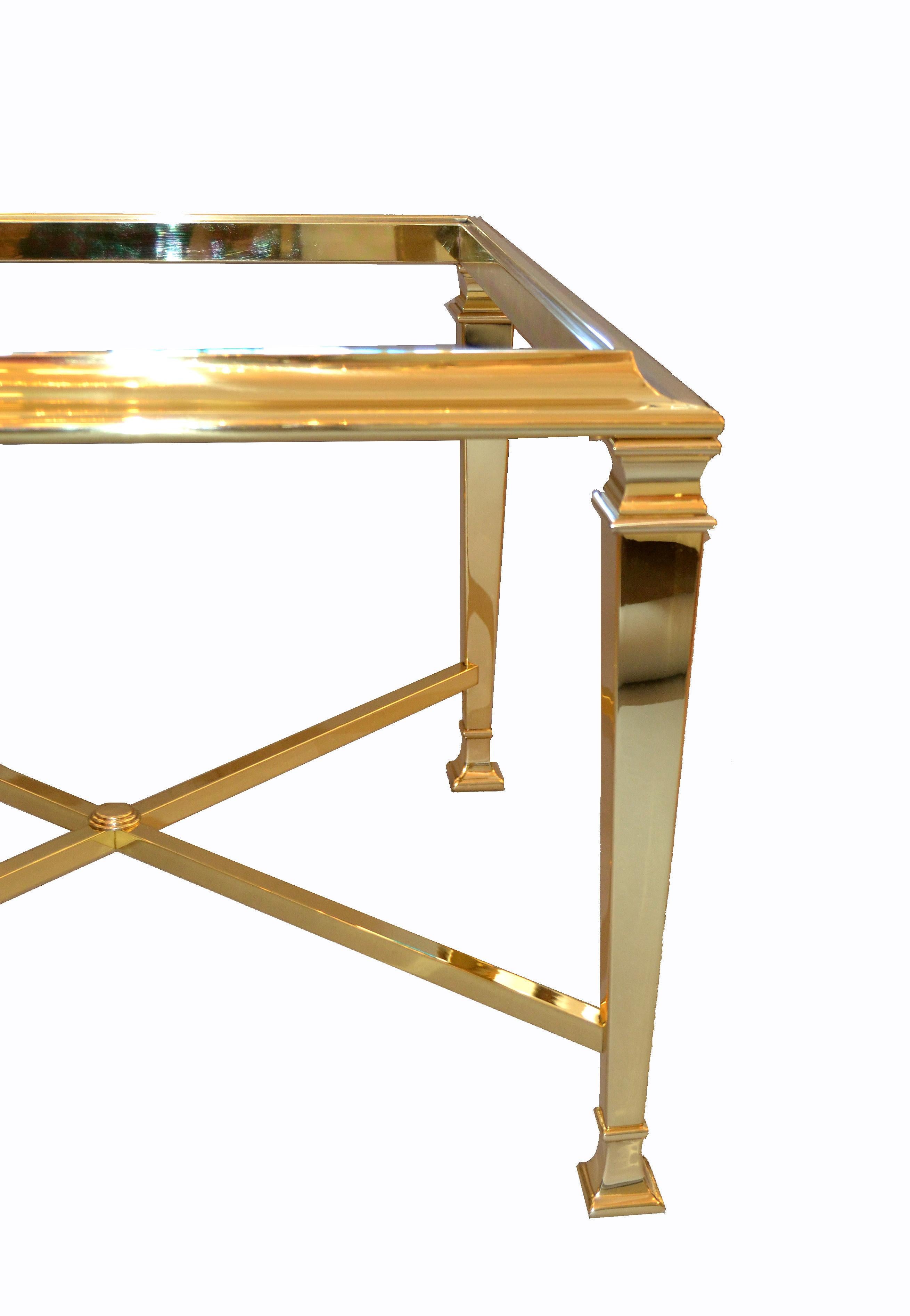 Pair Hollywood Regency French Maison Jansen Polished Brass Tables Glass Tops 4
