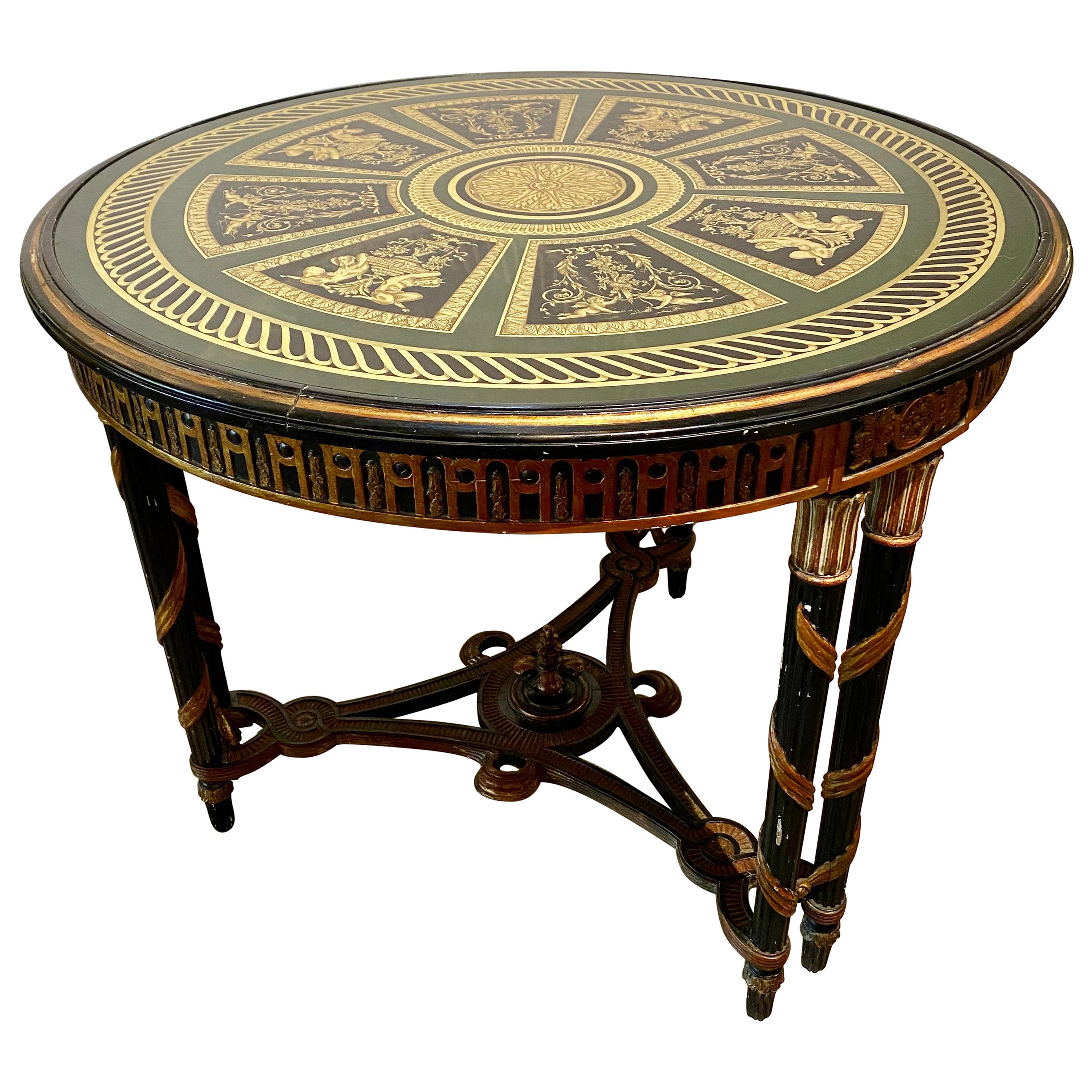 Hollywood Regency Französisch Neoklassischen Stil Églomisé Center Table:: End Table