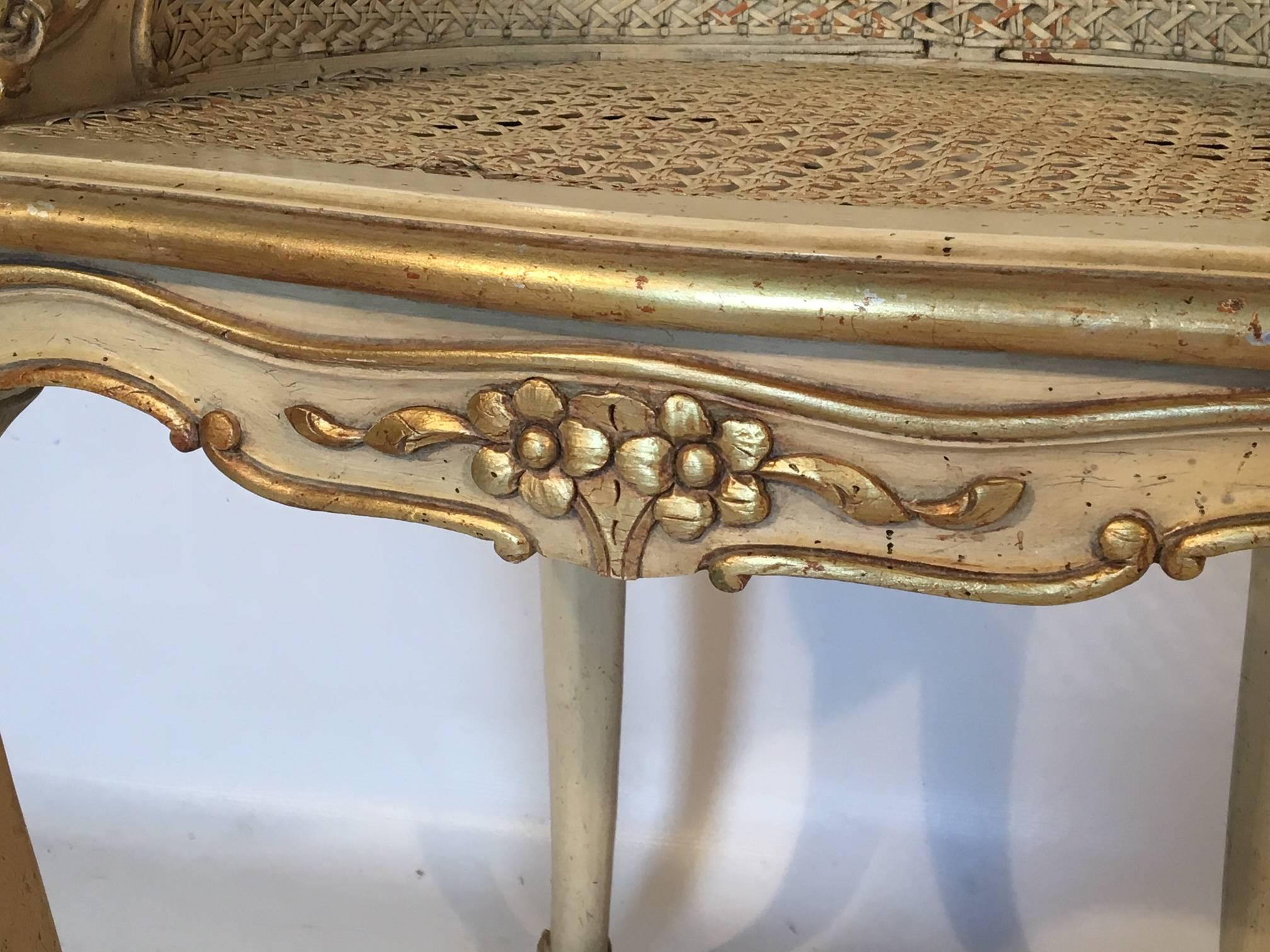Mid-20th Century Hollywood Regency French Provincial Gold Gilt Cane Vanity Stool