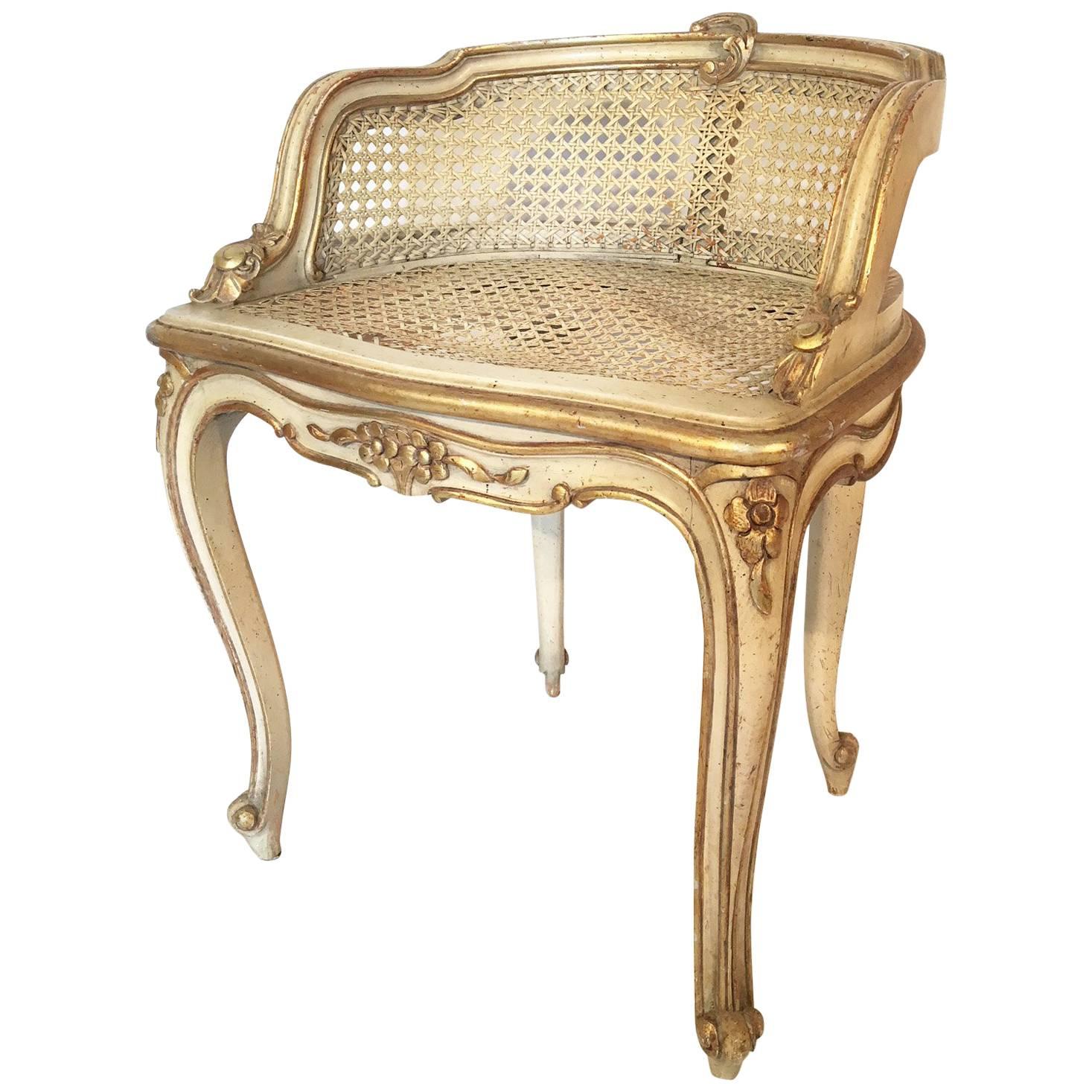 Hollywood Regency French Provincial Gold Gilt Cane Vanity Stool