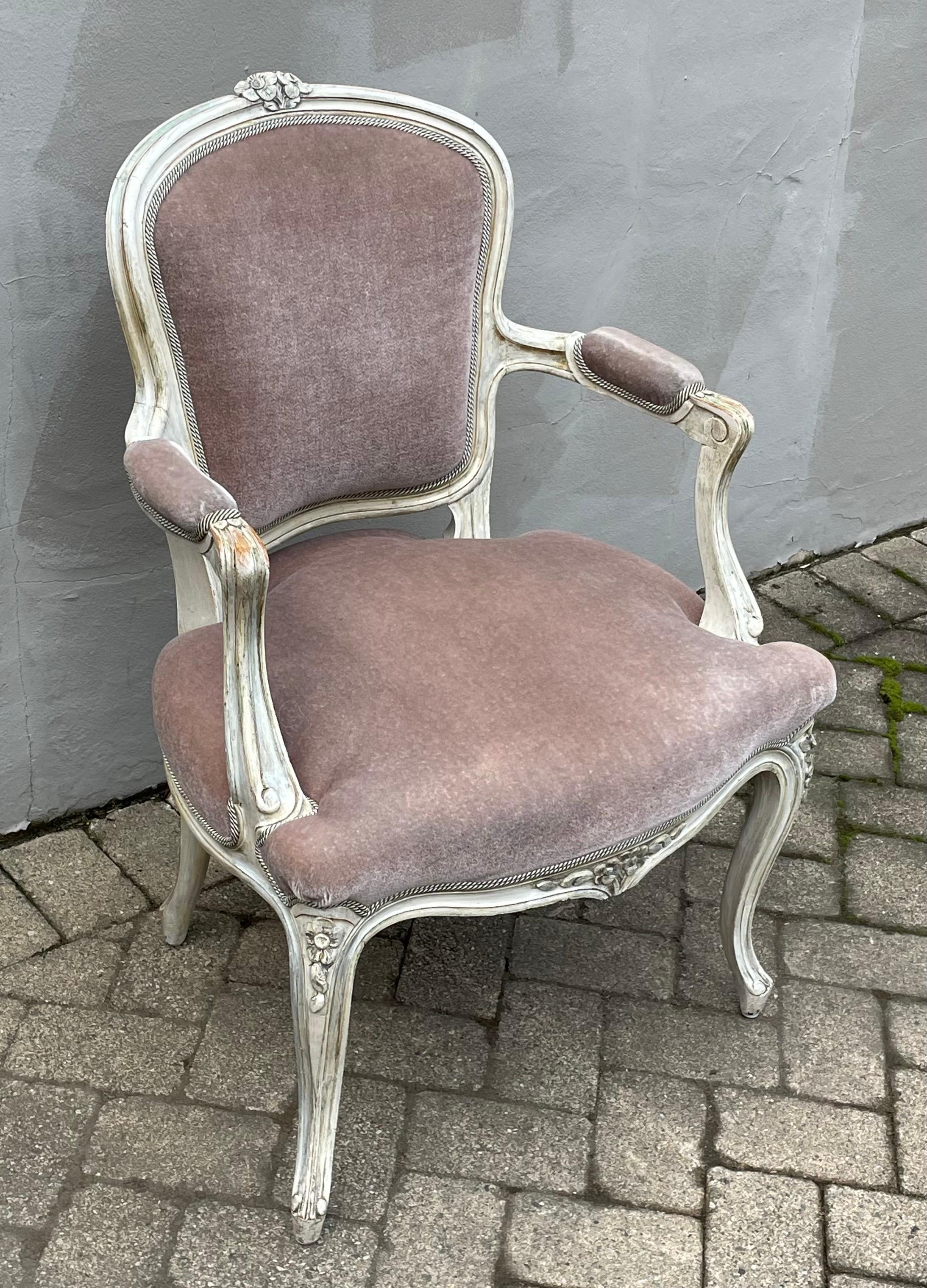 Beautiful Hollywood Regency side chair with antiqued detailed wood frame finished in light plum velvet mohair upholstery, French 1950's.