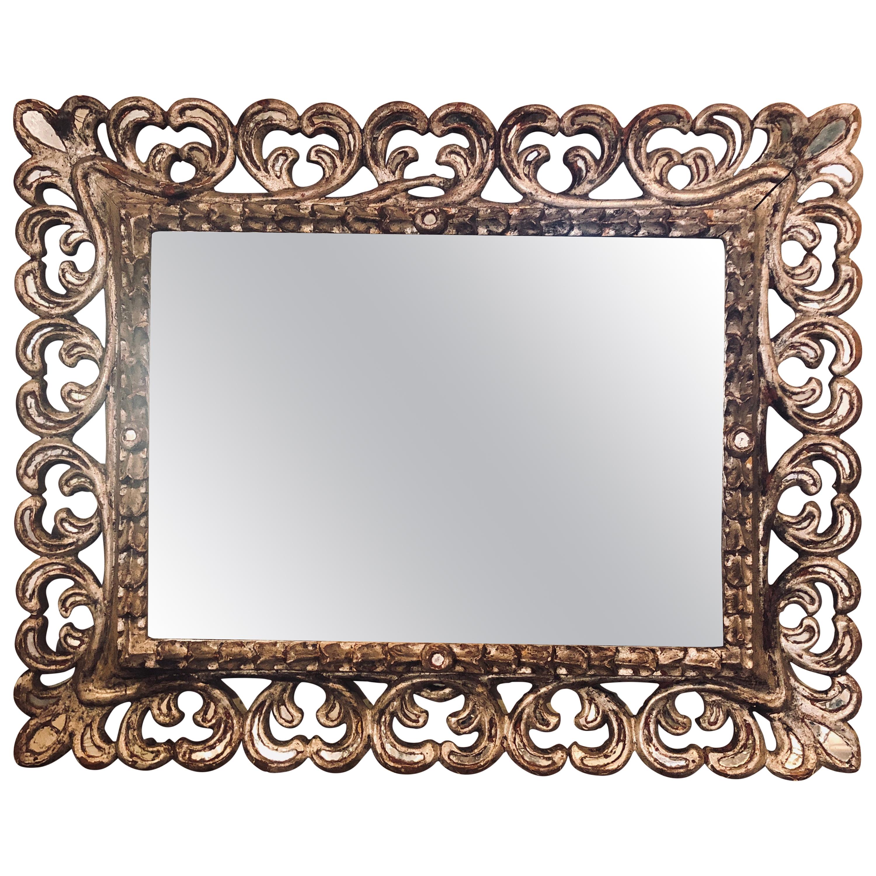 Hollywood Regency Style Carved Wood Silver Wall Mirror