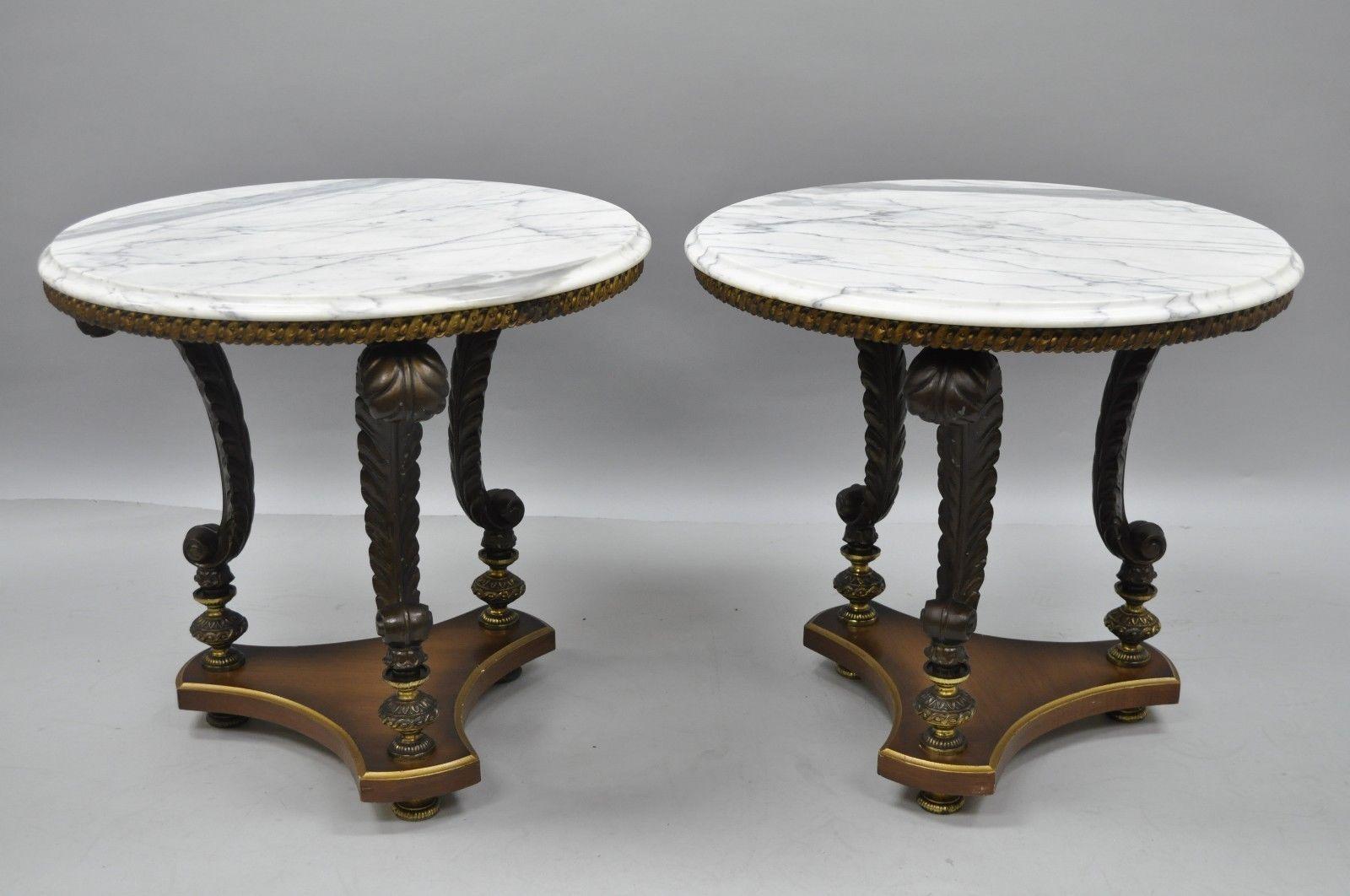 Hollywood Regency French Style Marble Top Plume White Metal End Side Tables Pair 5