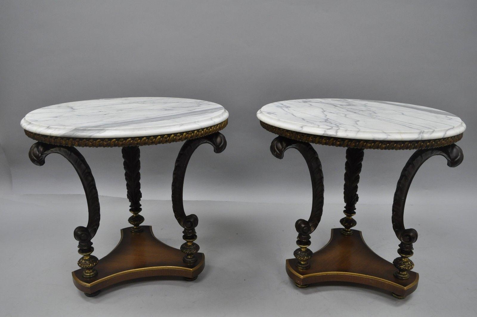 Hollywood Regency French Style Marble Top Plume White Metal End Side Tables Pair 7