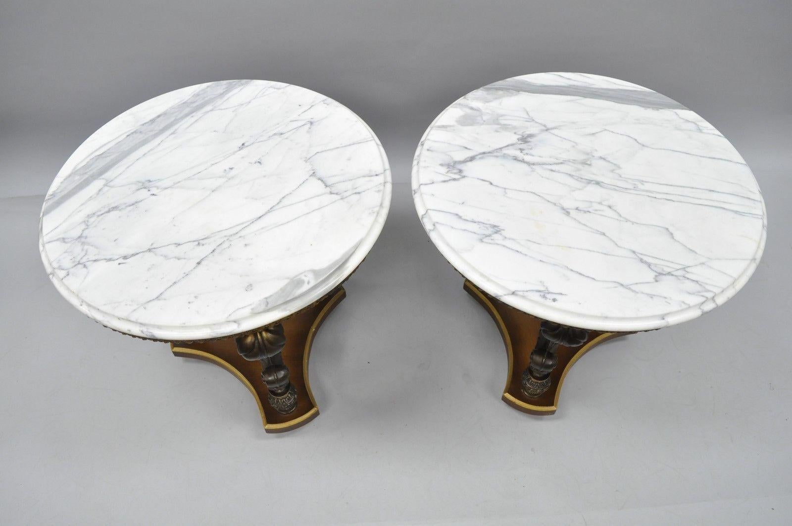 American Hollywood Regency French Style Marble Top Plume White Metal End Side Tables Pair